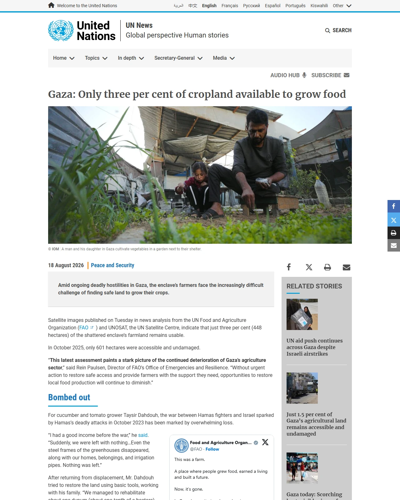 news.un.org as published: Gaza: Only three per cent of cropland available to grow food