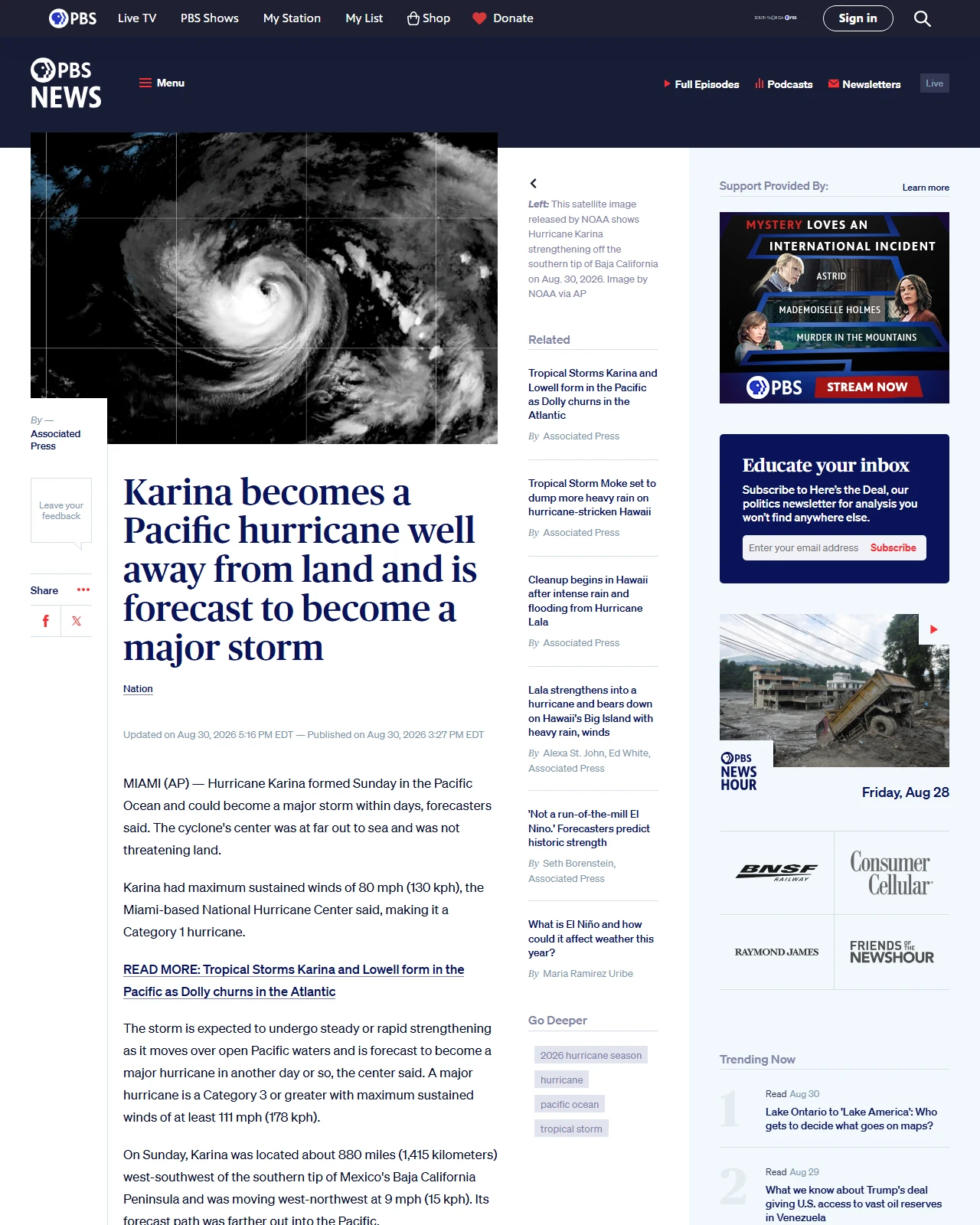 pbs.org as published: Karina becomes a Pacific hurricane well away from land and is forecast to become a major storm