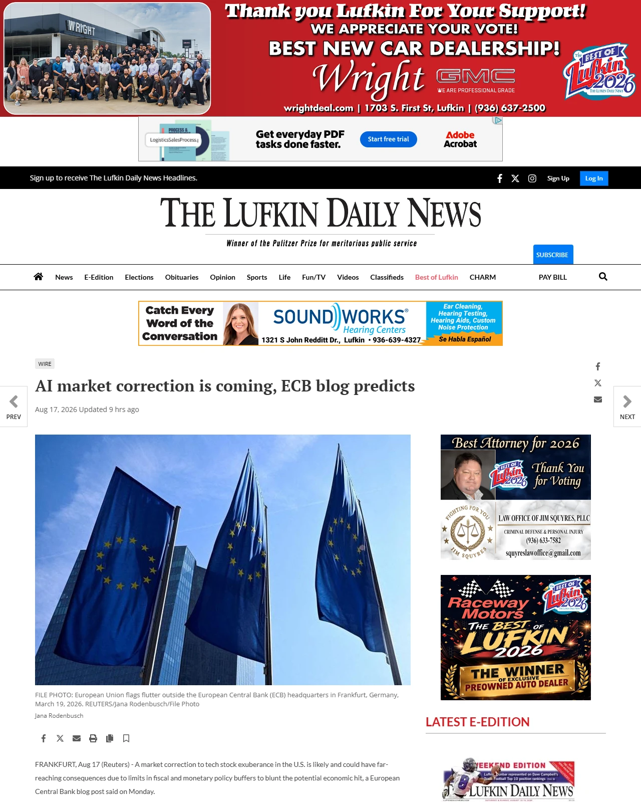 lufkindailynews.com as published: AI market correction is coming, ECB blog predicts
