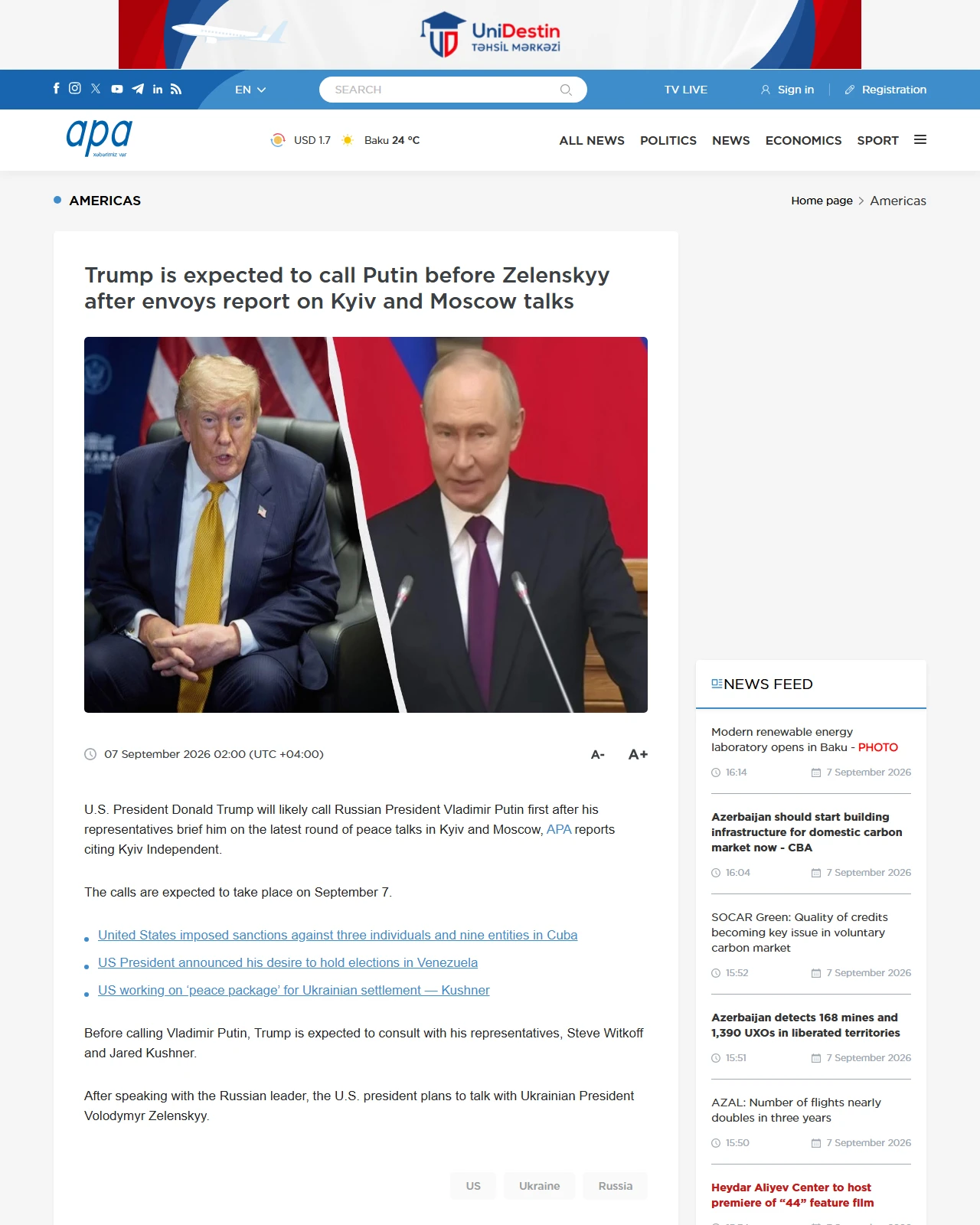en.apa.az as published: Trump is expected to call Putin before Zelenskyy after envoys report on Kyiv and Moscow talks