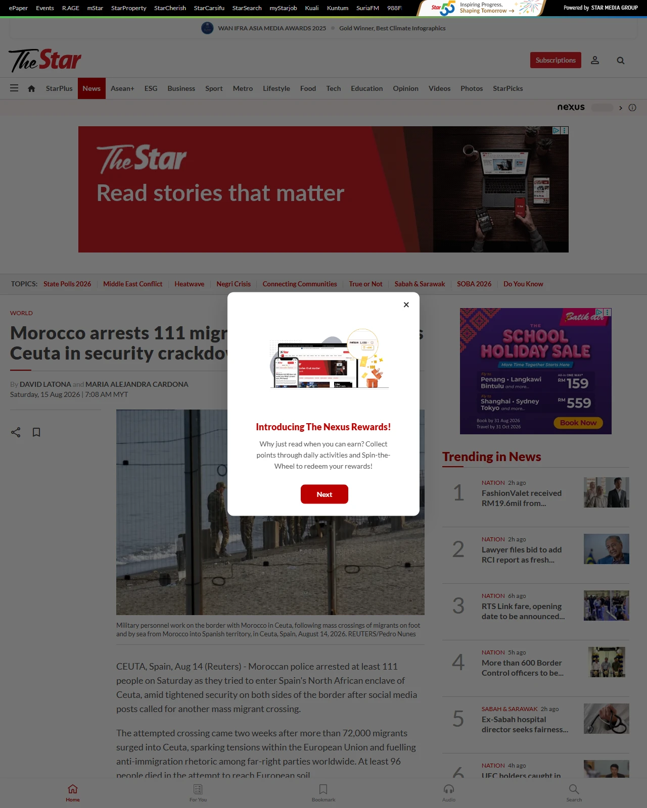 thestar.com.my as published: Morocco arrests 111 migrants headed for Spain's Ceuta in security crackdown