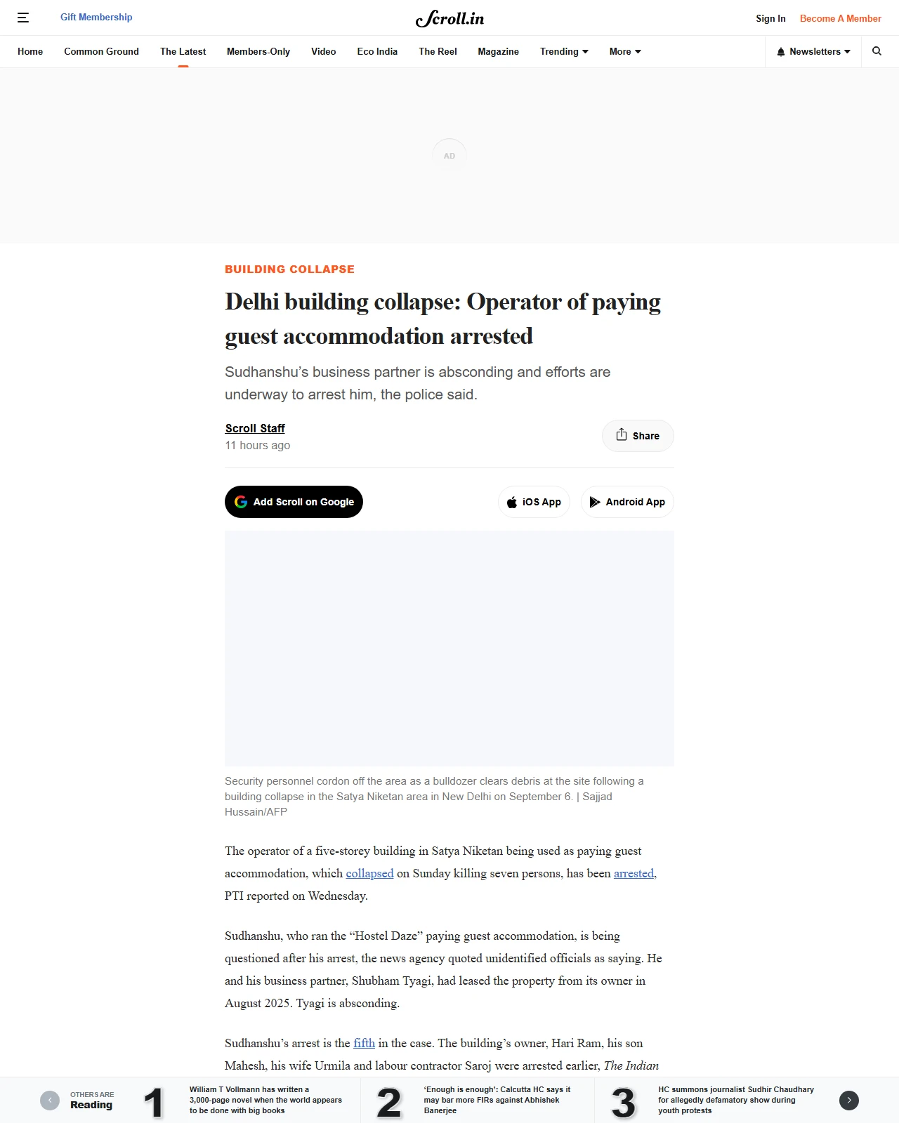 scroll.in as published: Delhi building collapse: Operator of paying guest accommodation arrested