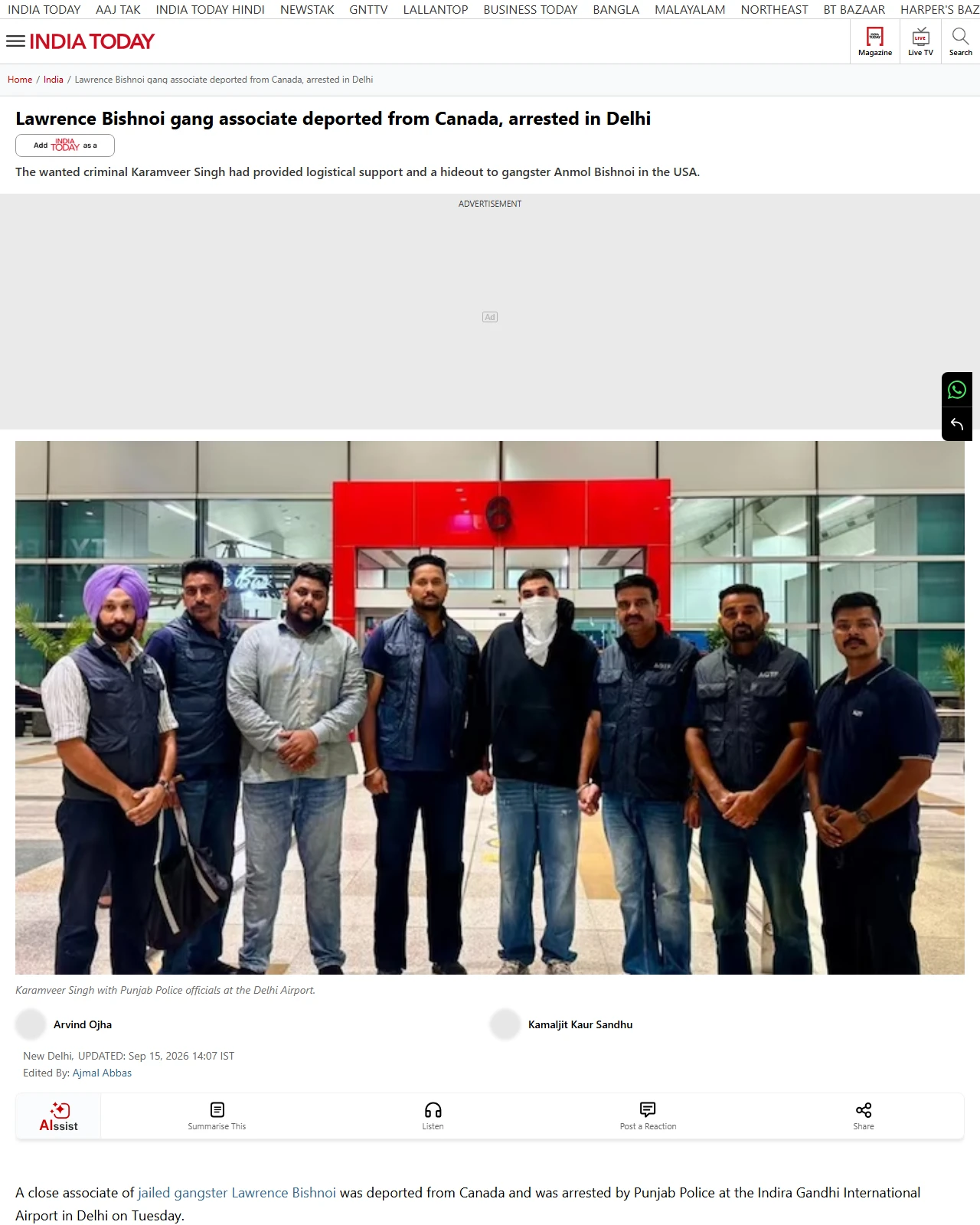 indiatoday.in as published: Lawrence Bishnoi gang associate deported from Canada, arrested in Delhi