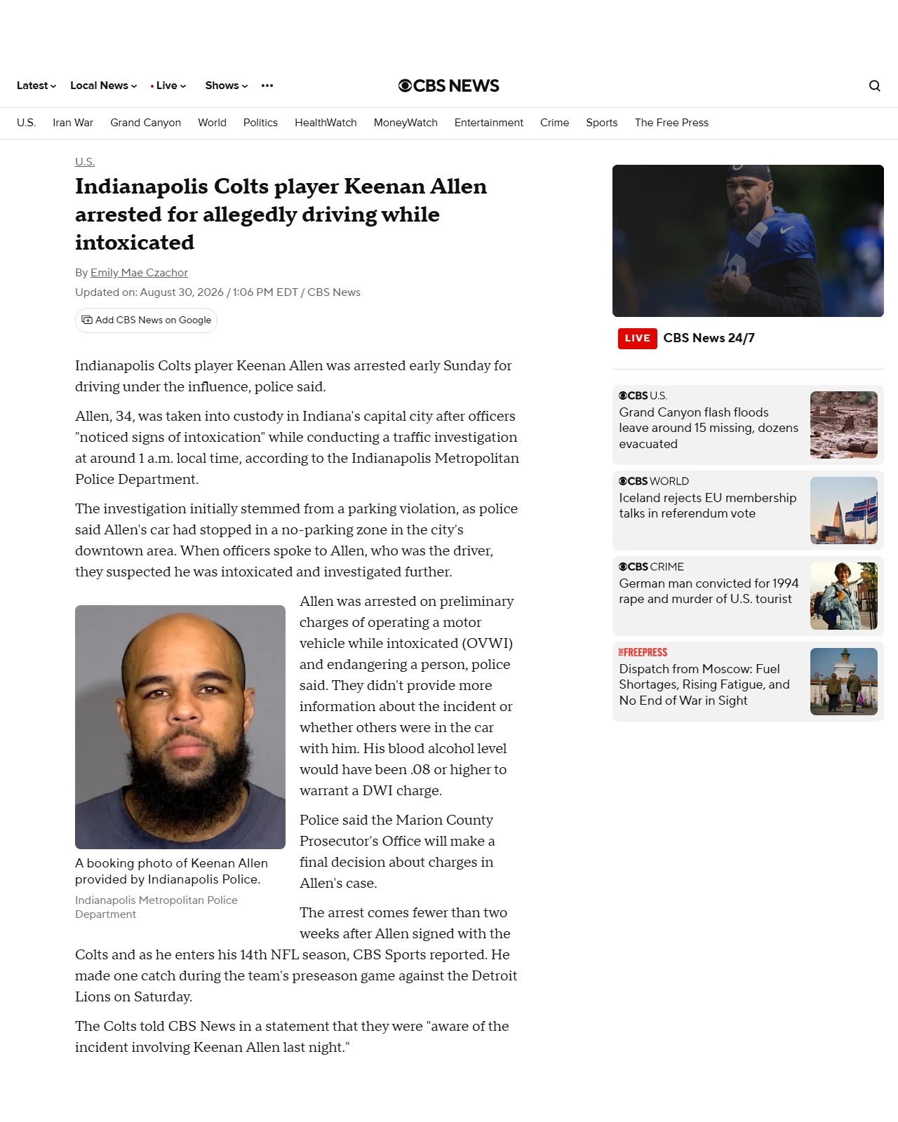 cbsnews.com as published: Indianapolis Colts player Keenan Allen arrested for allegedly driving while intoxicated