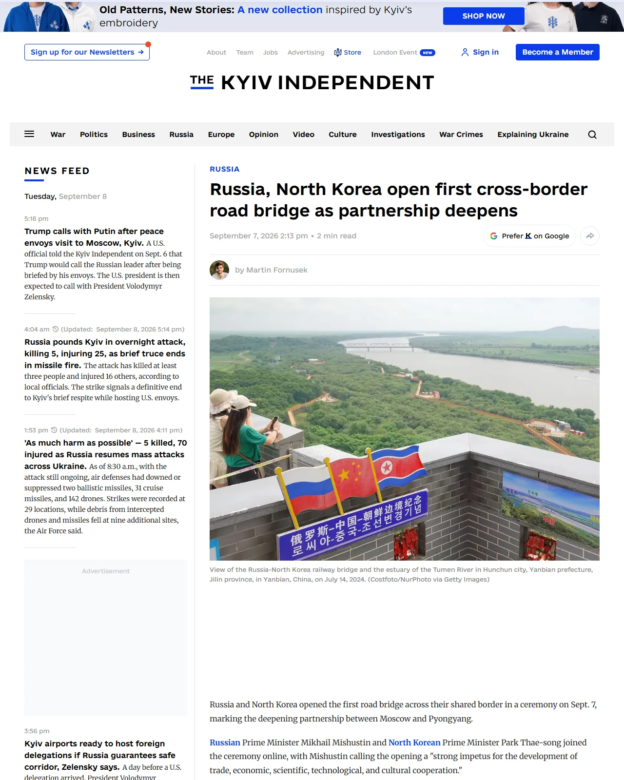 kyivindependent.com as published: Russia, North Korea open first cross-border road bridge as partnership deepens