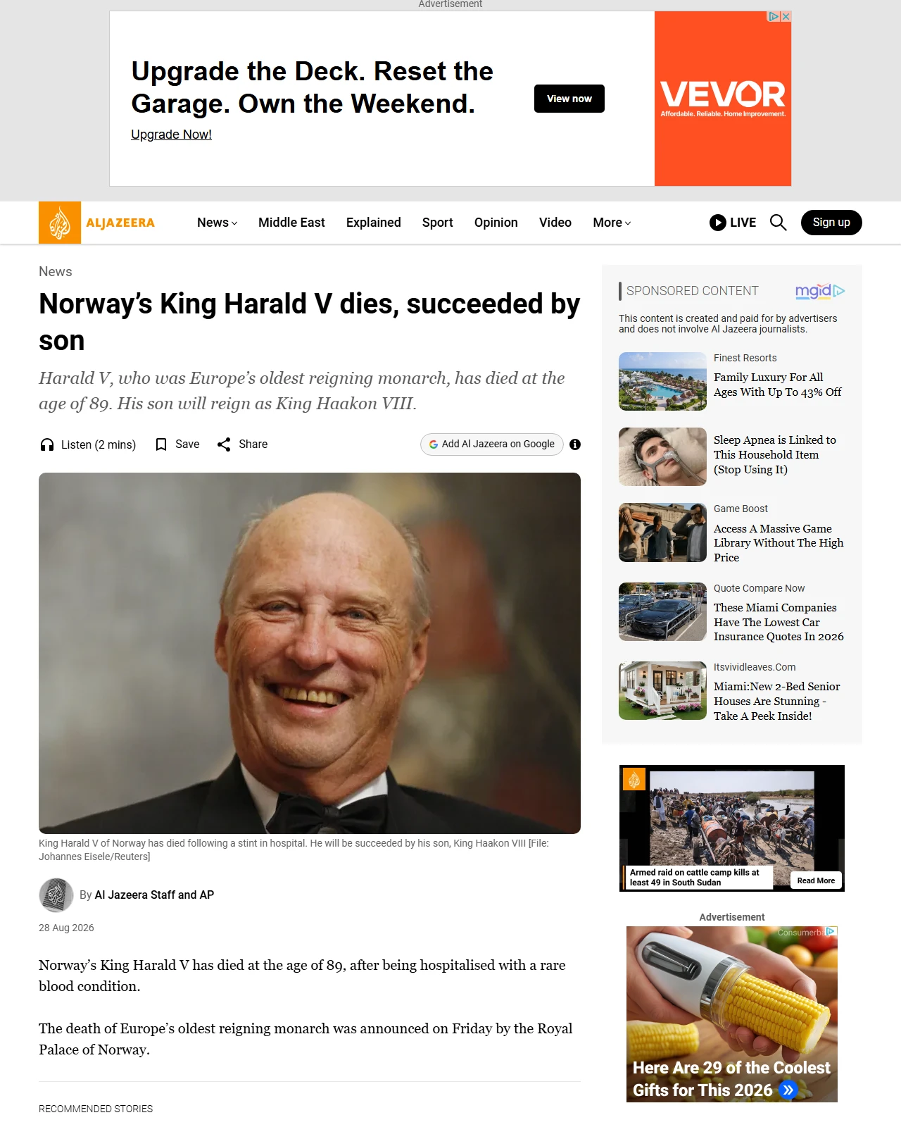 aljazeera.com as published: Norway’s King Harald V dies, succeeded by son