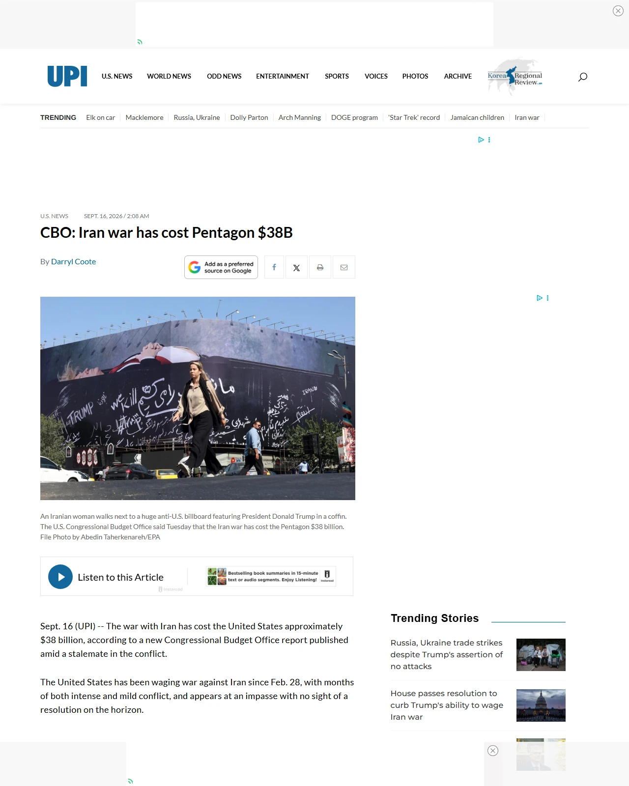 upi.com as published: CBO: Iran war has cost Pentagon $38B