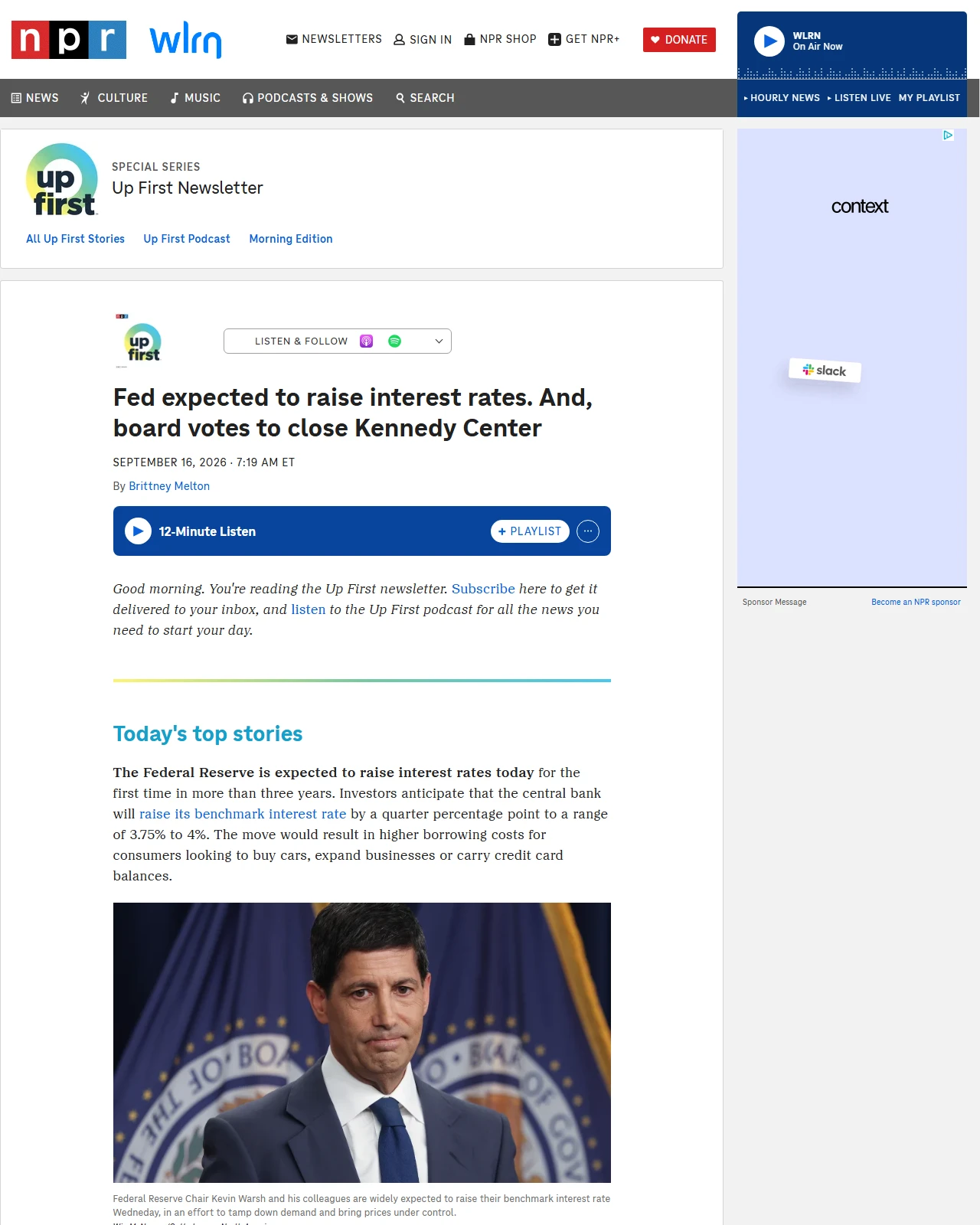 npr.org as published: Fed expected to raise interest rates. And, board votes to close Kennedy Center