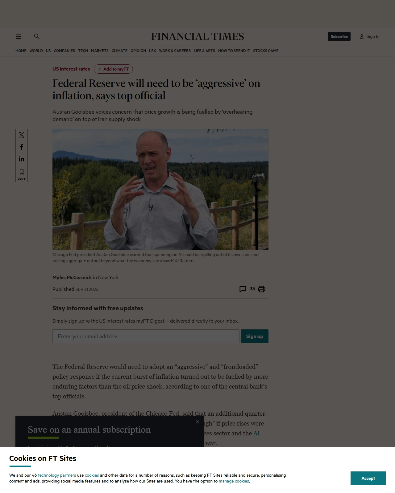 ft.com as published: Federal Reserve will need to be ‘aggressive’ on inflation, says top official