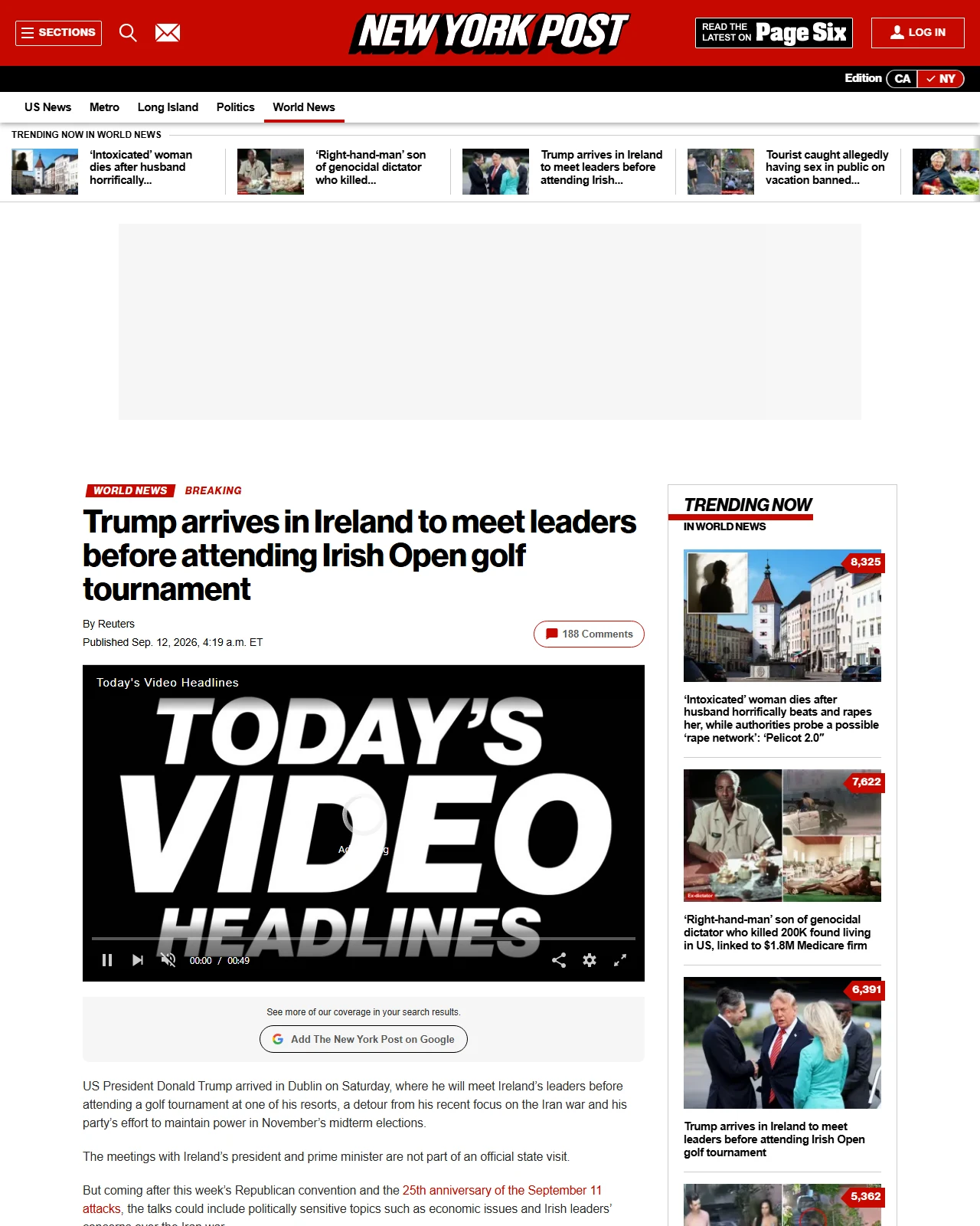 nypost.com as published: Trump arrives in Ireland to meet leaders before attending Irish Open golf tournament
