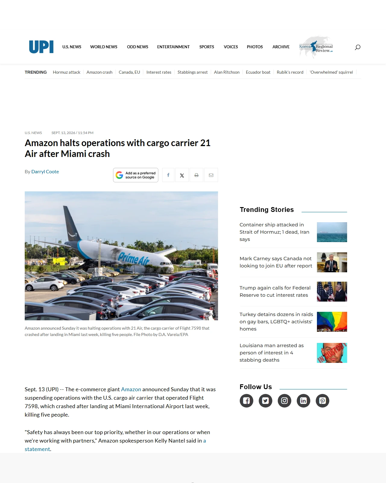 upi.com as published: Amazon halts operations with cargo carrier 21 Air after Miami crash