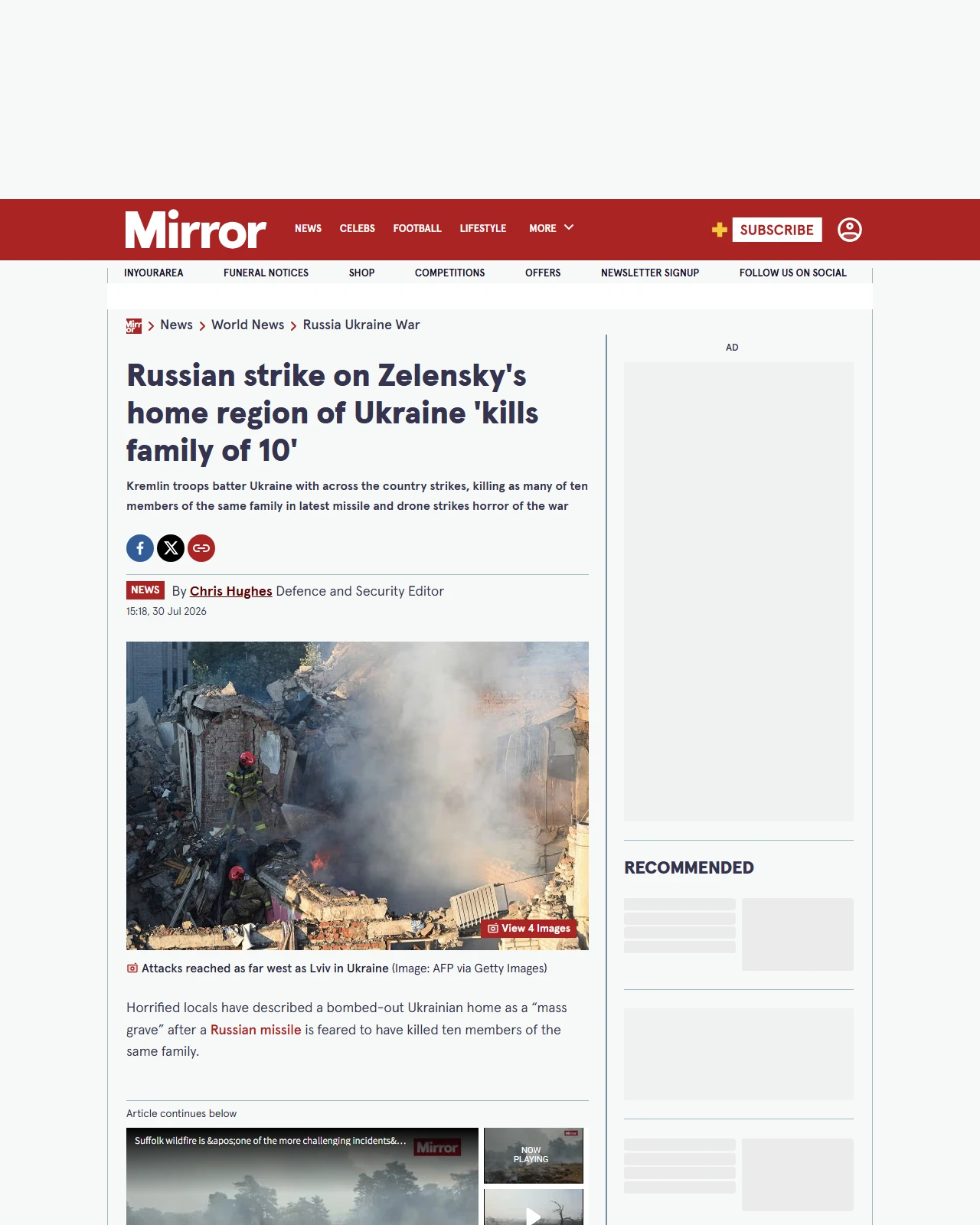 mirror.co.uk as published: Russian strike on Zelensky's home region of Ukraine 'kills family of 10'