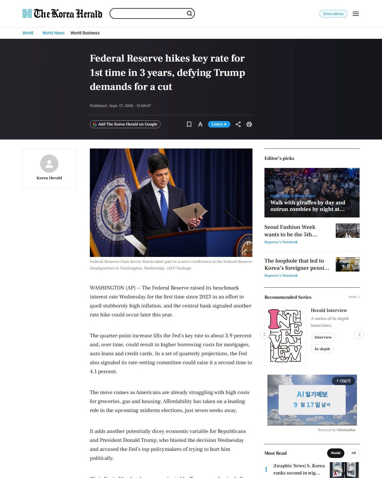 koreaherald.com as published: Federal Reserve hikes key rate for 1st time in 3 years, defying Trump demands for a cut