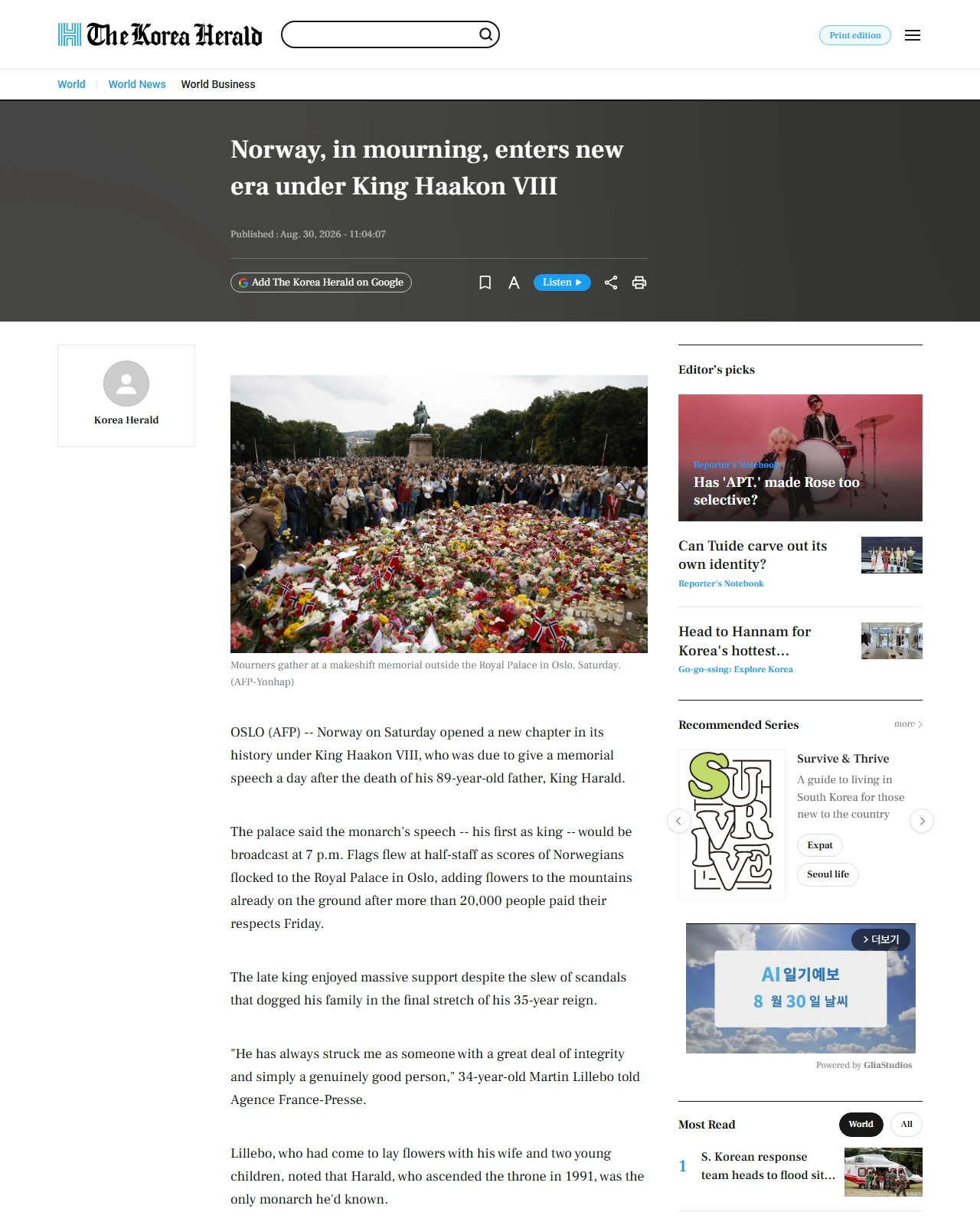 koreaherald.com as published: Norway, in mourning, enters new era under King Haakon VIII