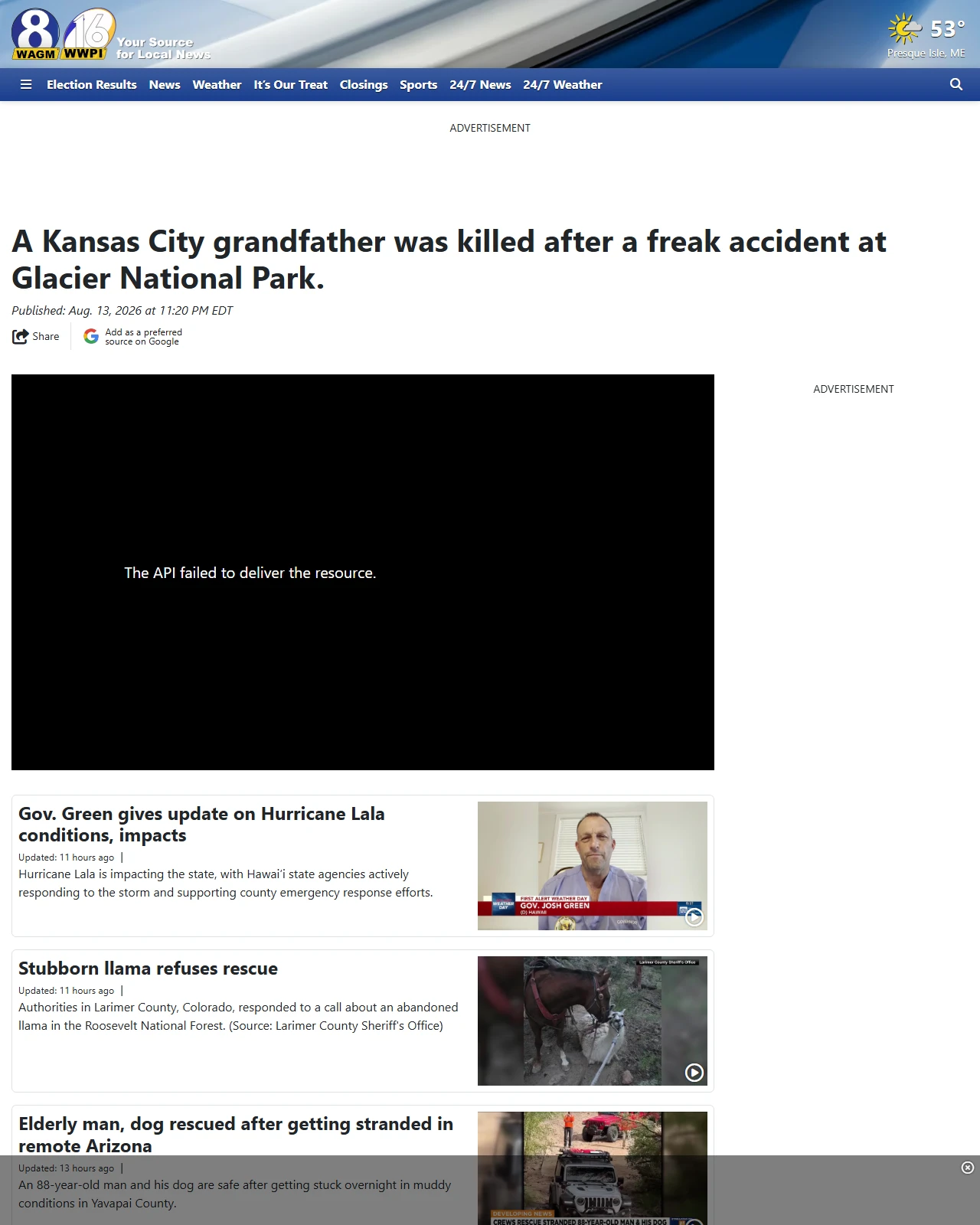 wagmtv.com as published: A Kansas City grandfather was killed after a freak accident at Glacier National Park.