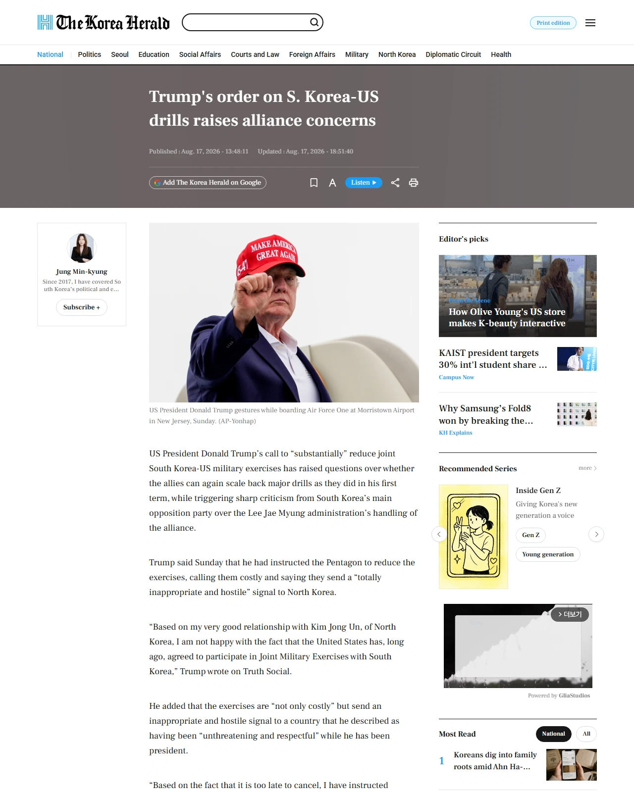 koreaherald.com as published: Trump's order on S. Korea-US drills raises alliance concerns