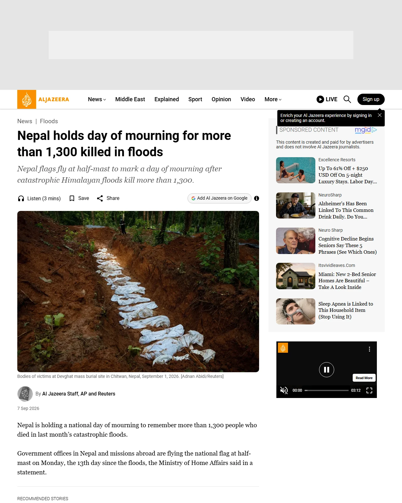 aljazeera.com as published: Nepal holds day of mourning for more than 1,300 killed in floods