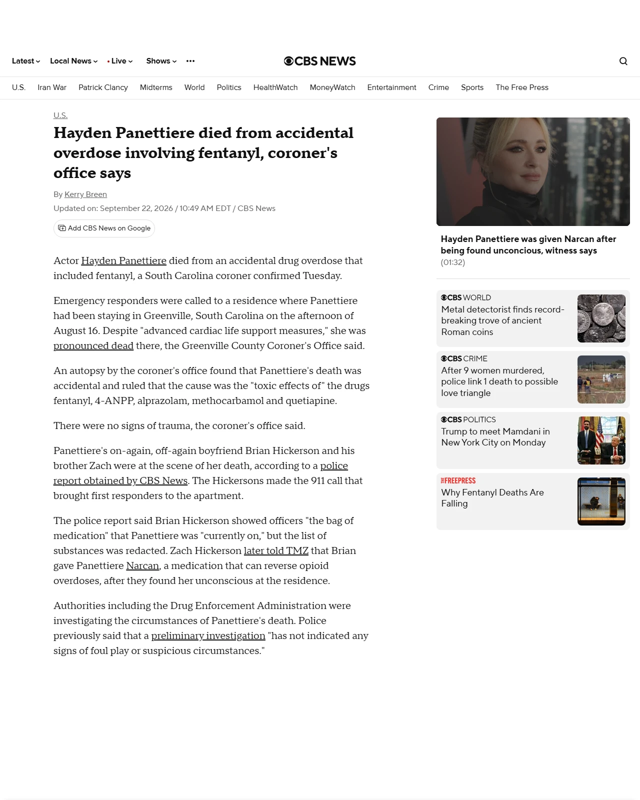 cbsnews.com as published: Hayden Panettiere died from accidental overdose, autopsy finds