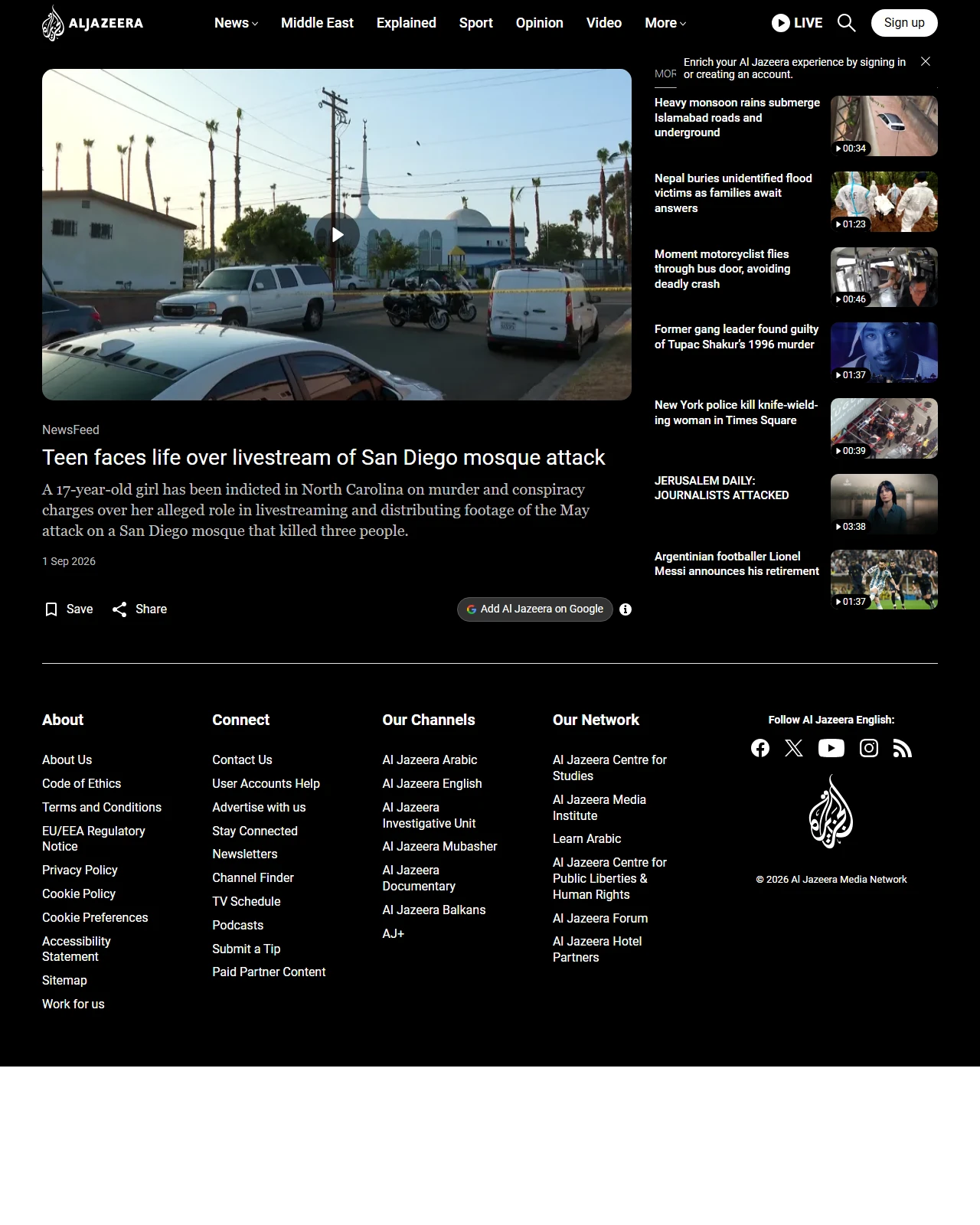 aljazeera.com as published: Teen faces life over livestream of San Diego mosque attack