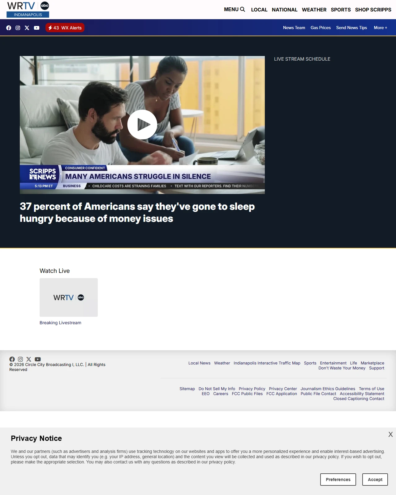 wrtv.com as published: 37 percent of Americans say they've gone to sleep hungry because of money issues