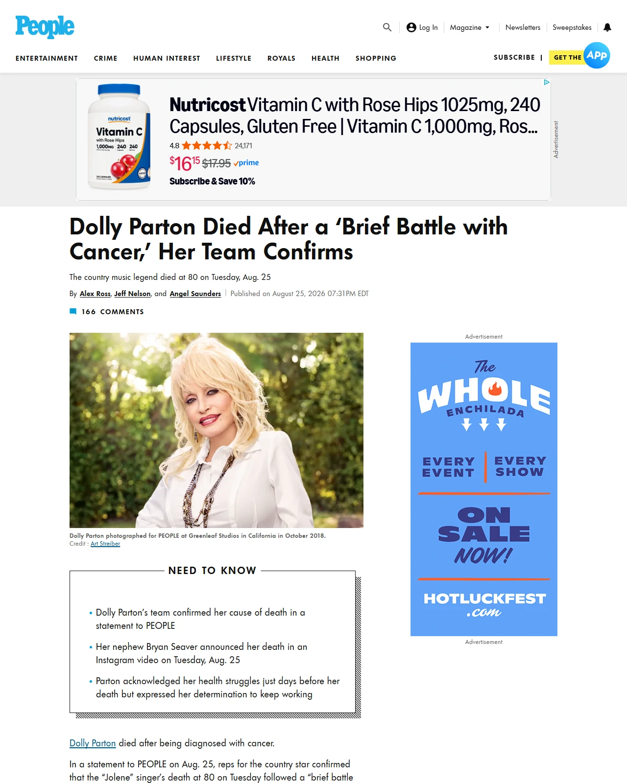 people.com as published: Dolly Parton Died After a ‘Brief Battle with Cancer,’ Her Team Confirms