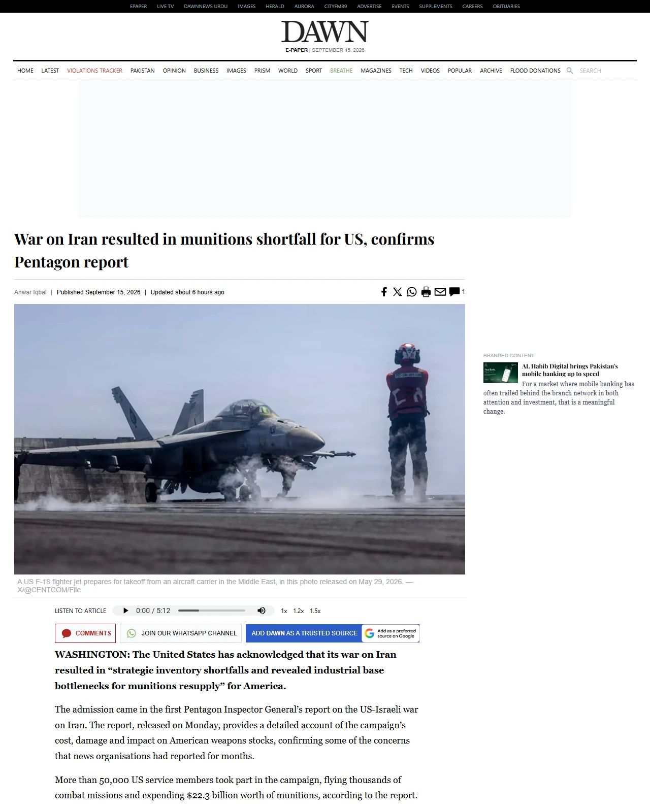 dawn.com as published: War on Iran resulted in munitions shortfall for US, confirms Pentagon report