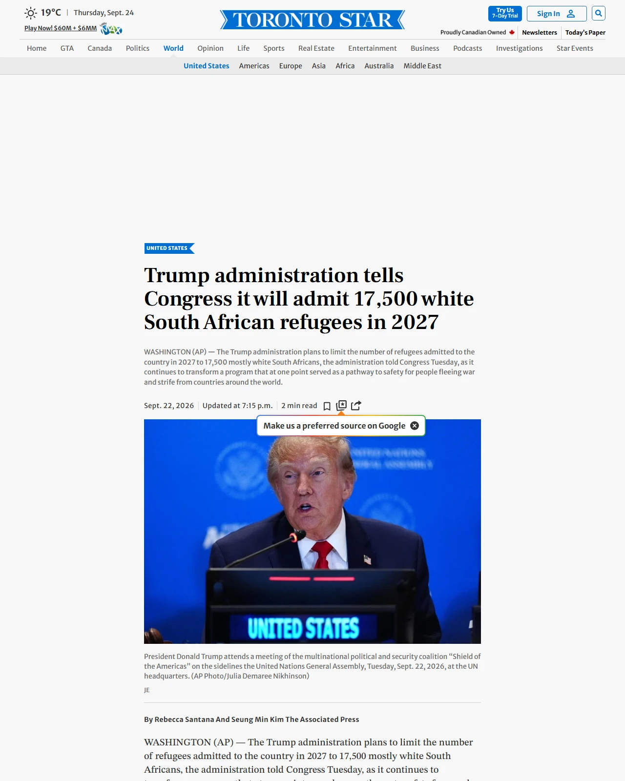 thestar.com as published: Trump administration tells Congress it will admit 17,500 white South African refugees in 2027