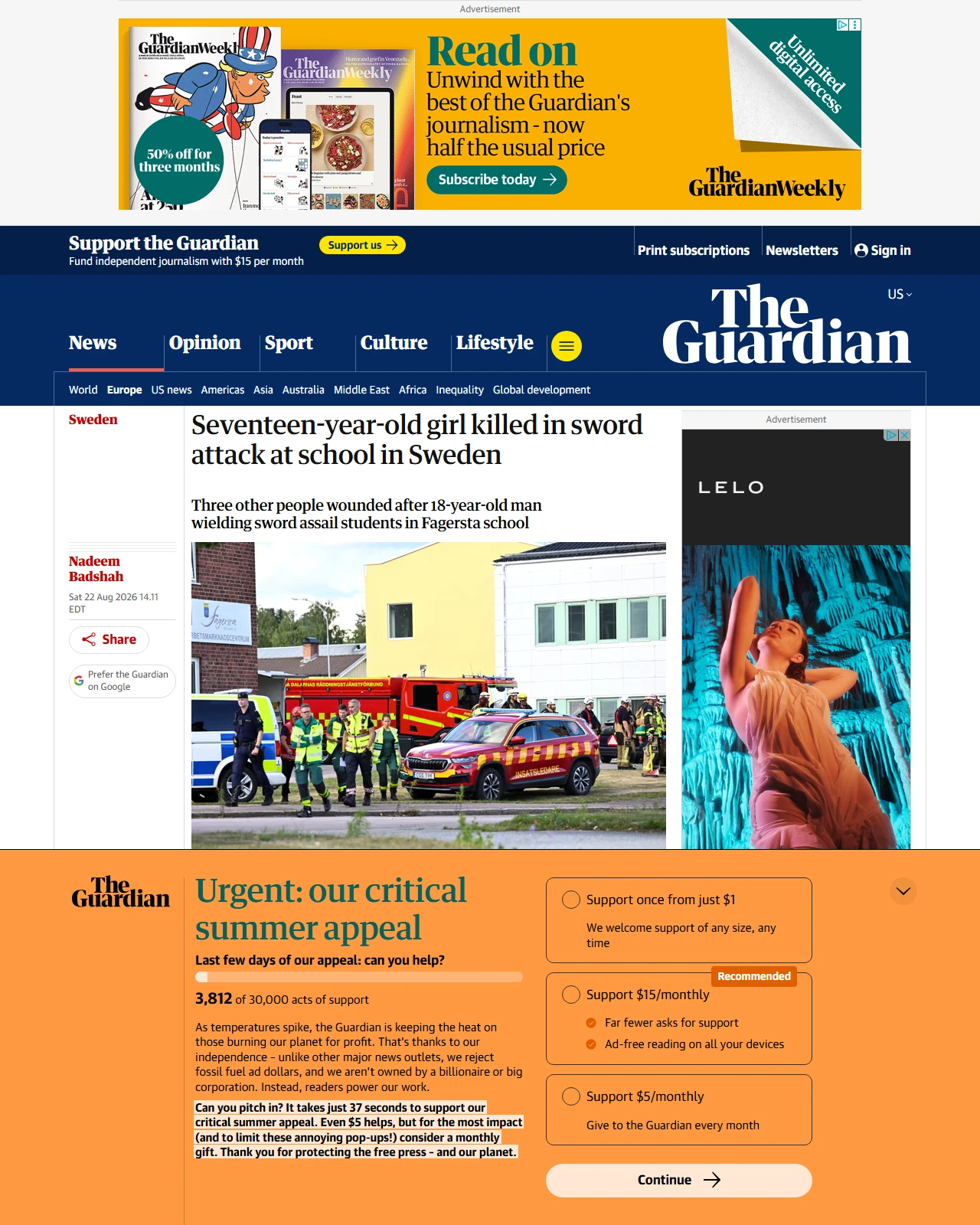 theguardian.com as published: Seventeen-year-old girl killed in sword attack at school in Sweden