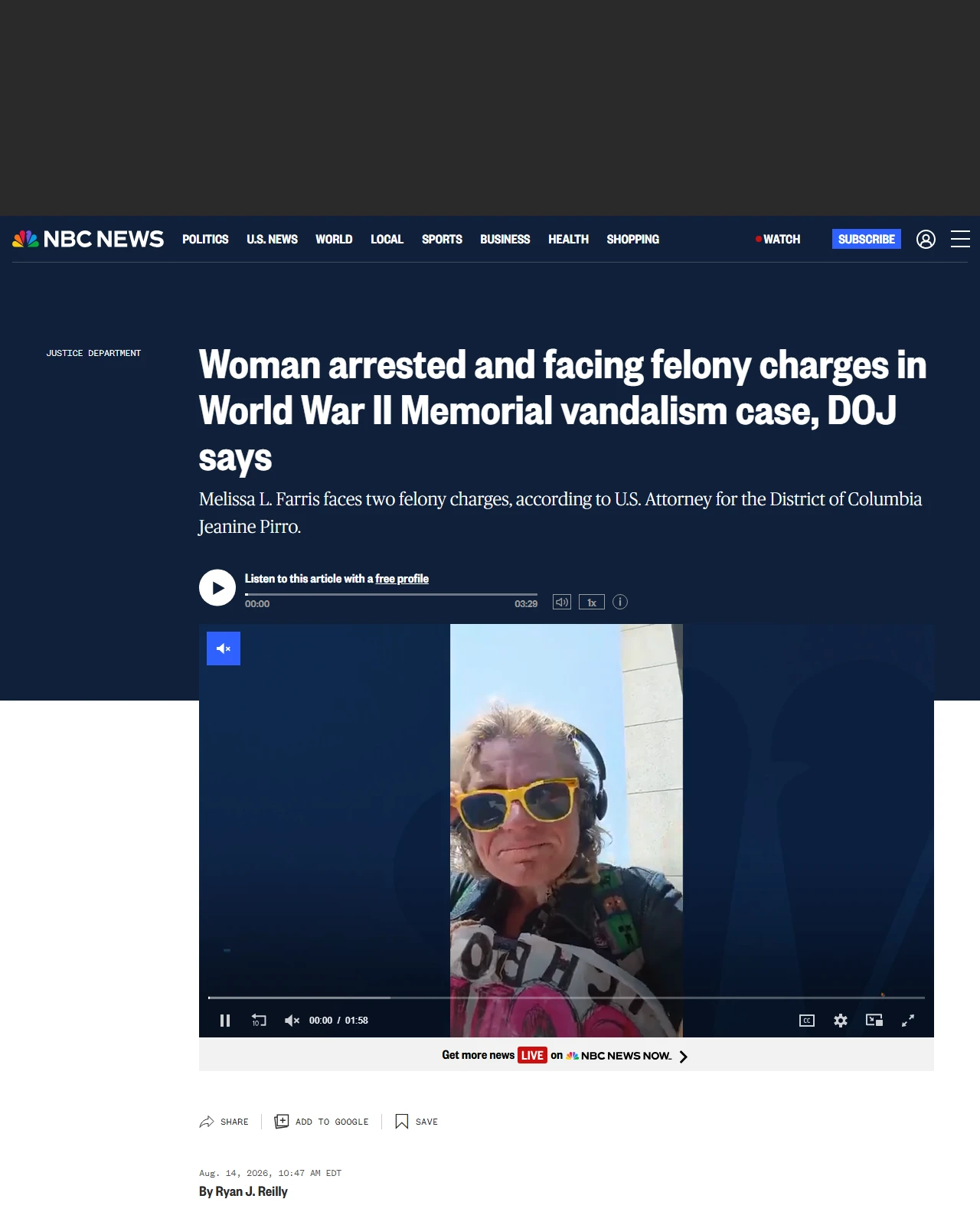 nbcnews.com as published: Woman arrested and facing felony charges in World War II Memorial vandalism case, DOJ says