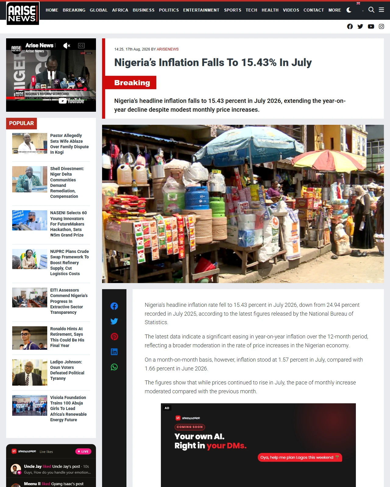 arise.tv as published: Nigeria’s Inflation Falls To 15.43% In July