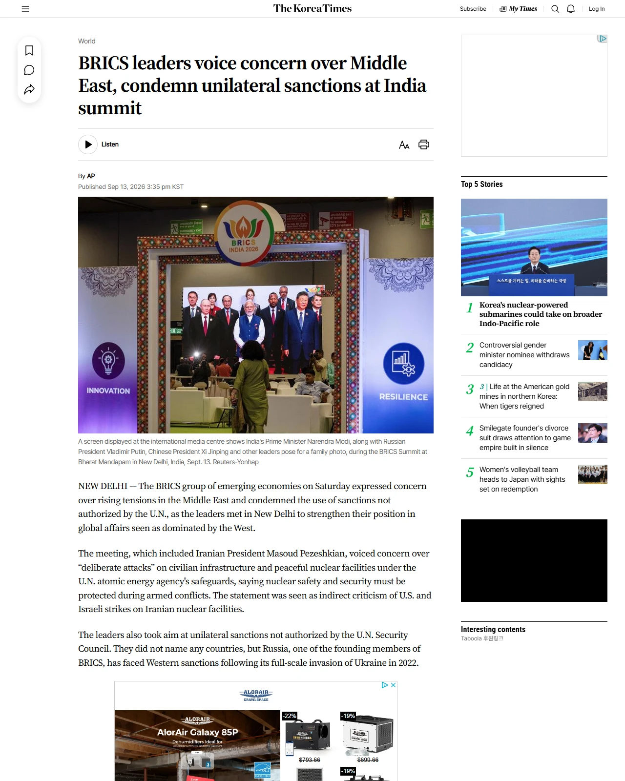 koreatimes.co.kr as published: BRICS leaders voice concern over Middle East, condemn unilateral sanctions at India summit