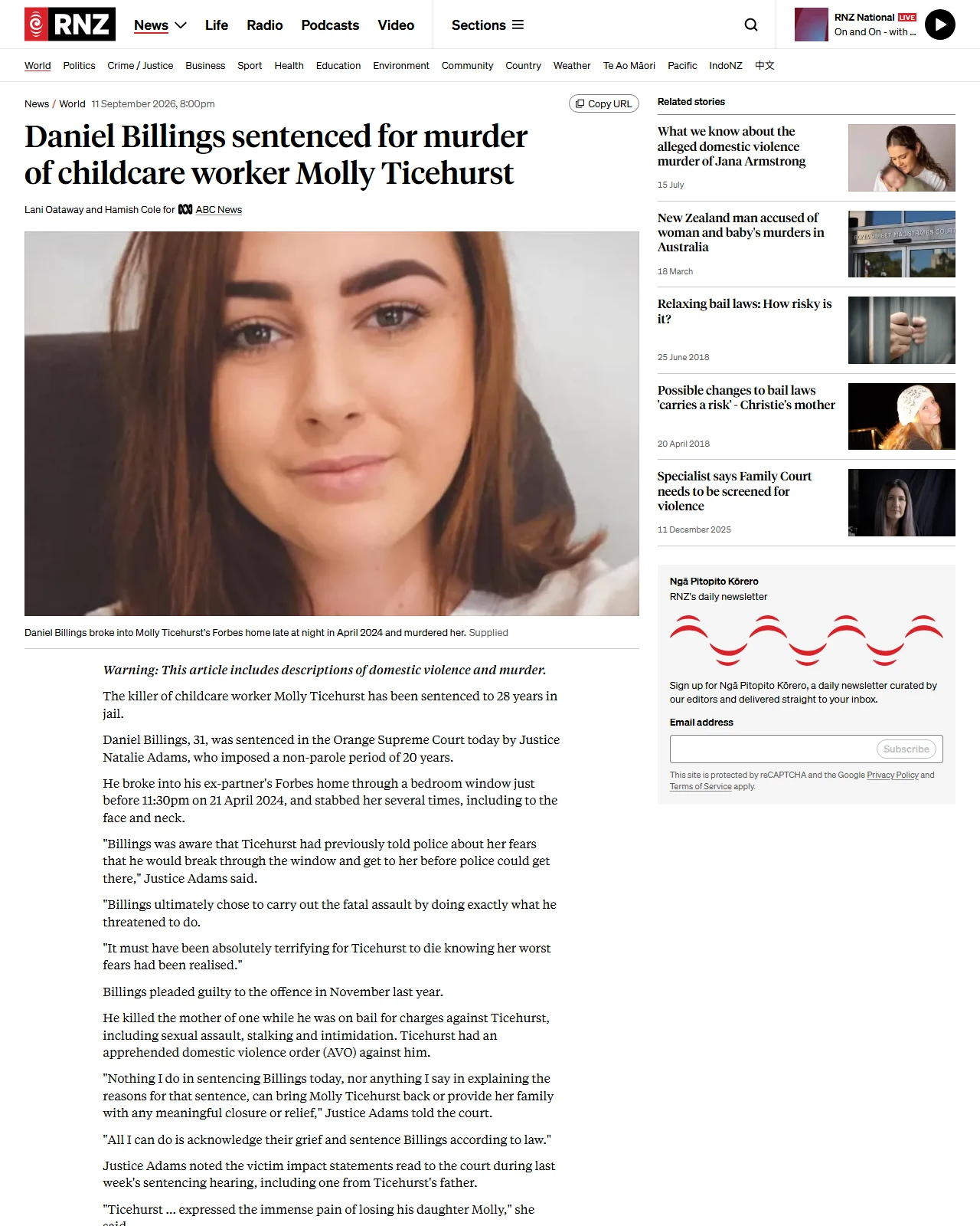rnz.co.nz as published: Daniel Billings sentenced for murder of childcare worker Molly Ticehurst