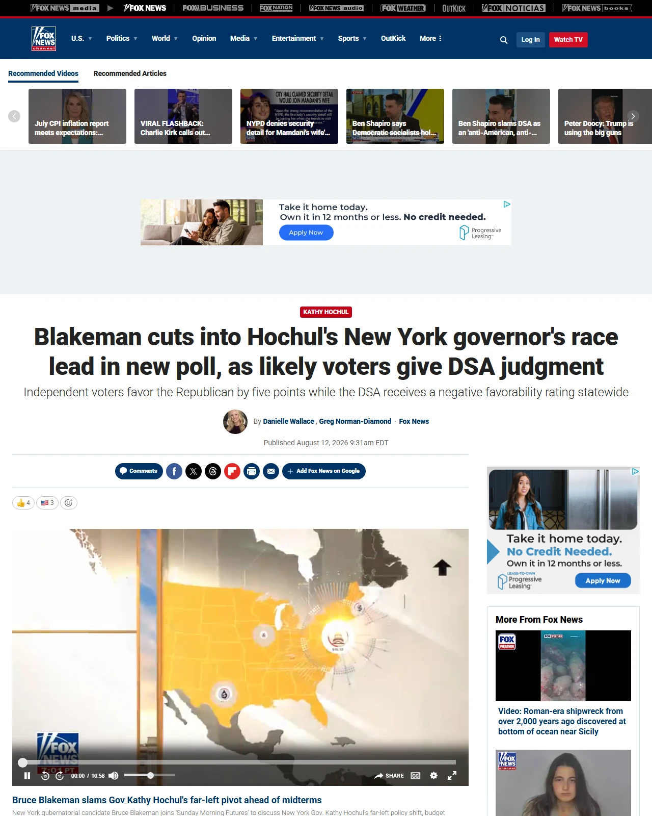 foxnews.com as published: Blakeman cuts into Hochul's New York governor's race lead in new poll, as likely voters give DSA judgment
