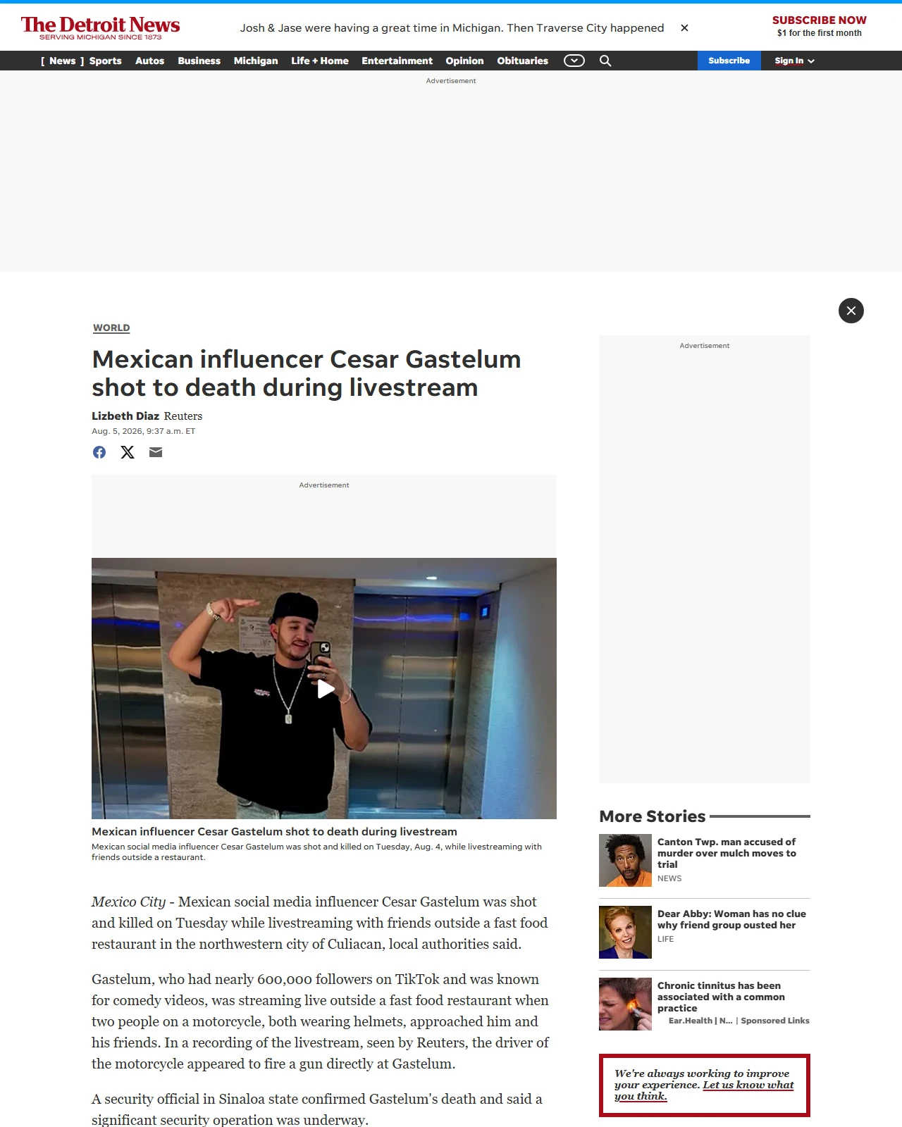 detroitnews.com as published: Mexican influencer Cesar Gastelum was shot to death during a livestream