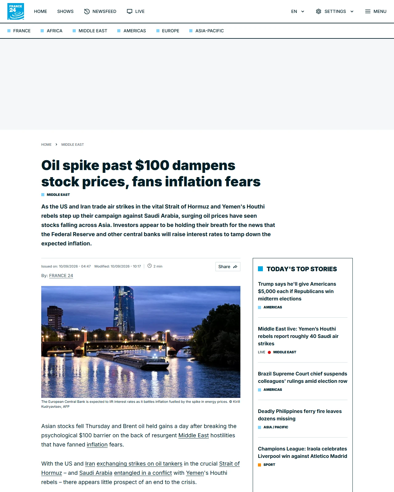 france24.com as published: Stock prices drop as oil spike fans fears of worsening inflation