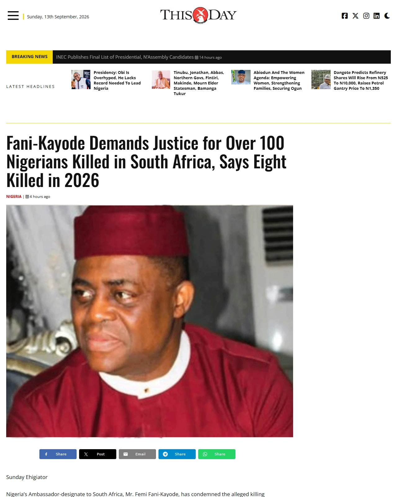 thisdaylive.com as published: Fani-Kayode Demands Justice for Over 100 Nigerians Killed in South Africa, Says Eight Killed in 2026