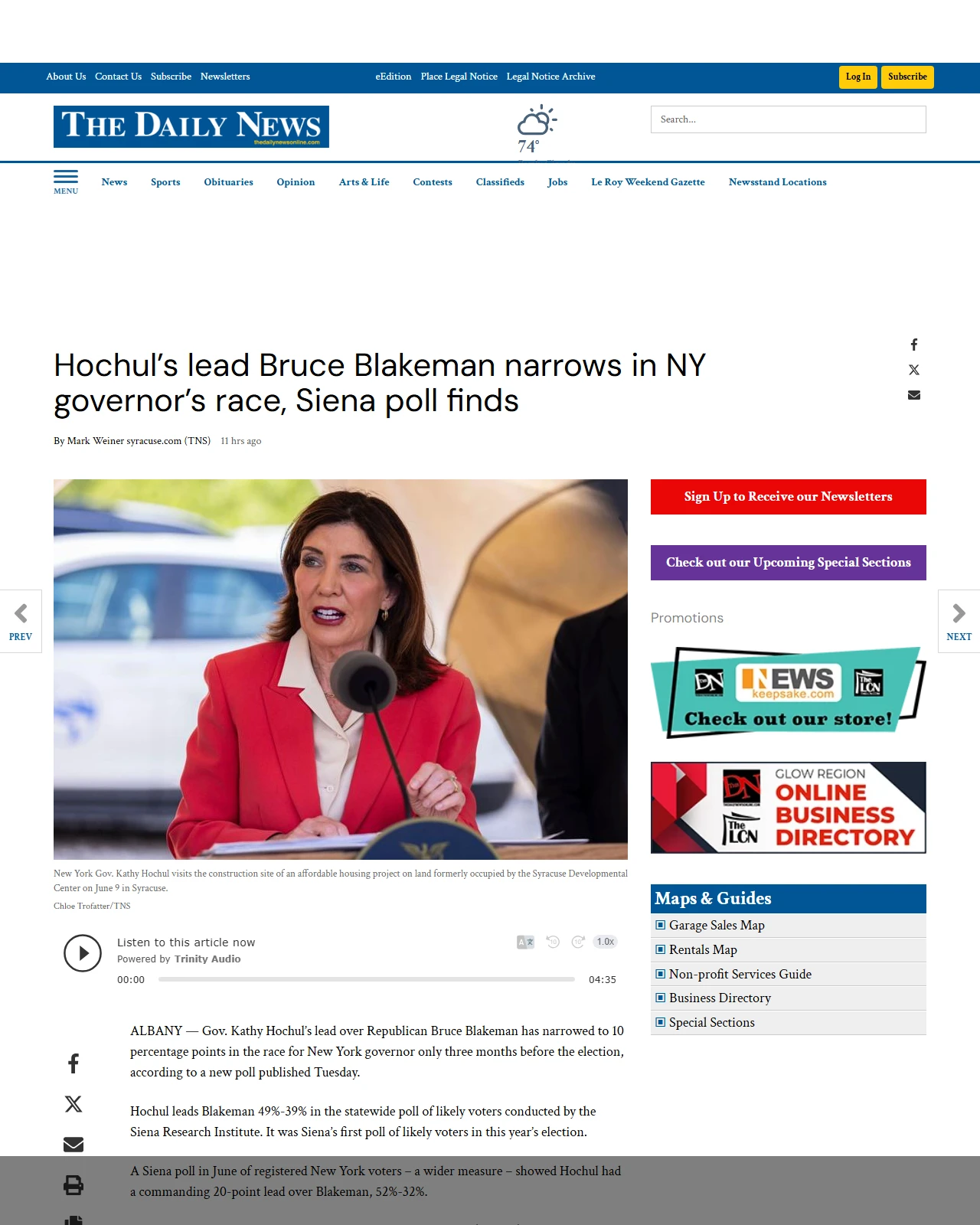 thedailynewsonline.com as published: Hochul’s lead Bruce Blakeman narrows in NY governor’s race, Siena poll finds