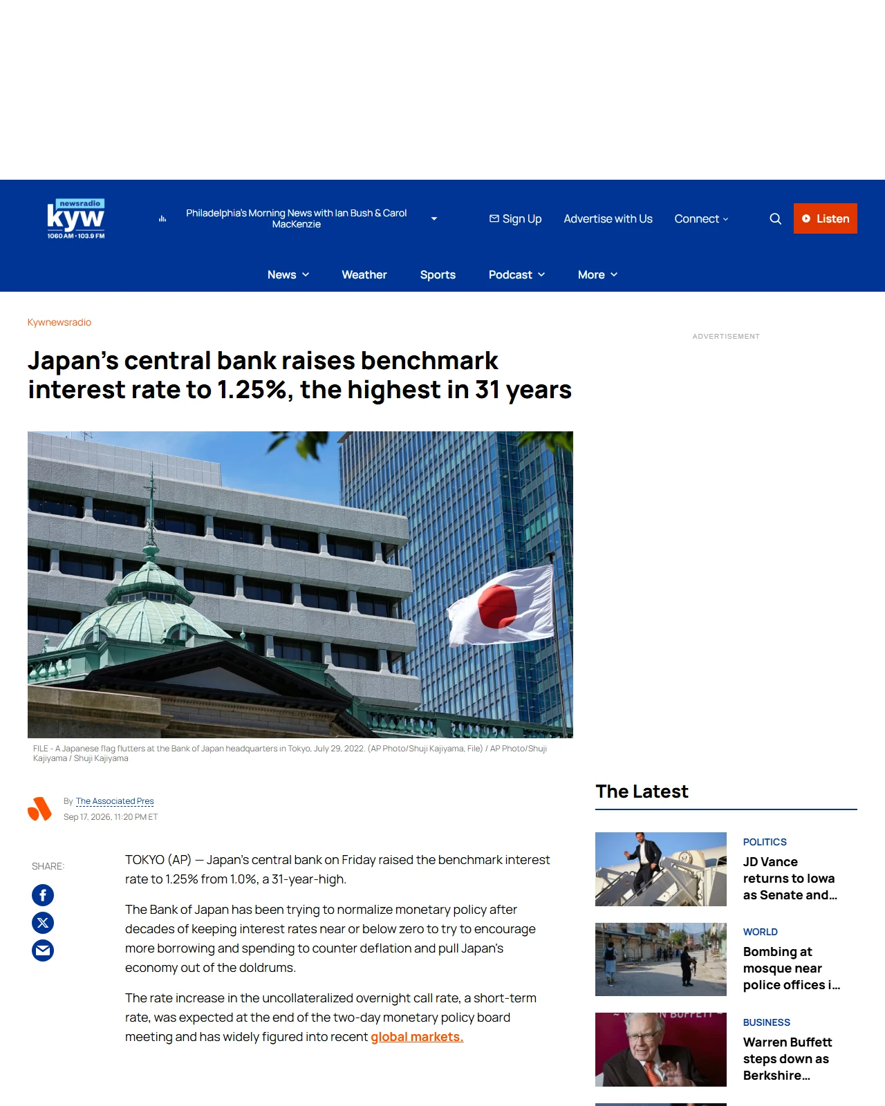 audacy.com as published: Japan's central bank raises benchmark interest rate to 1.25%