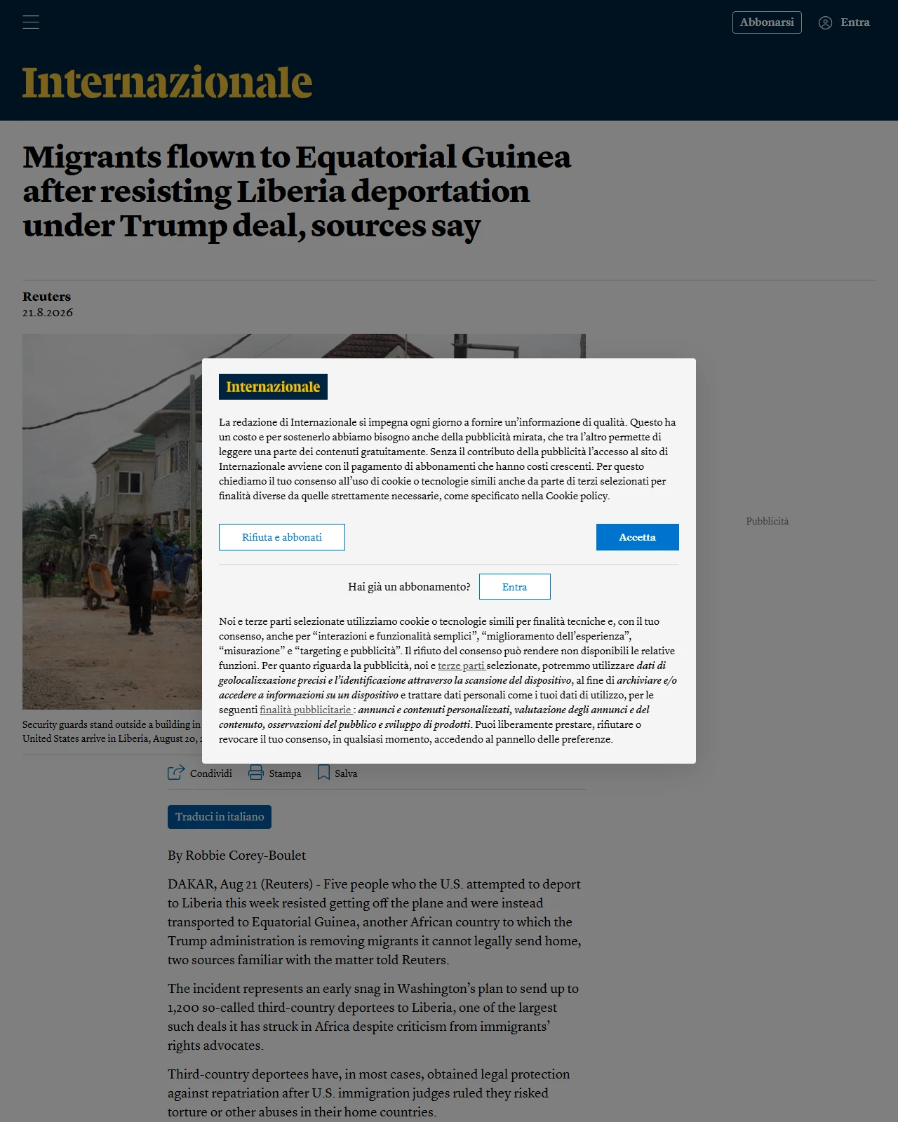 internazionale.it as published: Migrants flown to Equatorial Guinea after resisting Liberia deportation under Trump deal, sources say