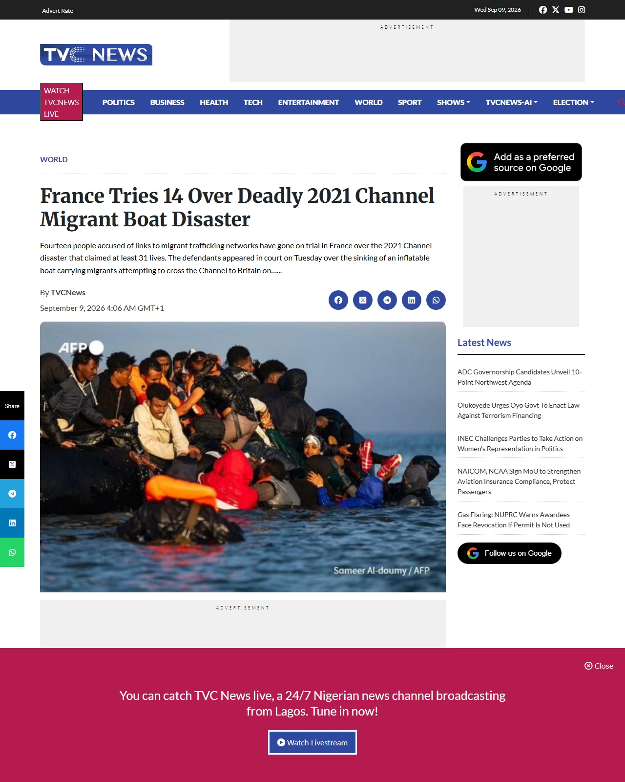 tvcnews.tv as published: France Tries 14 Over Deadly 2021 Channel Migrant Boat Disaster