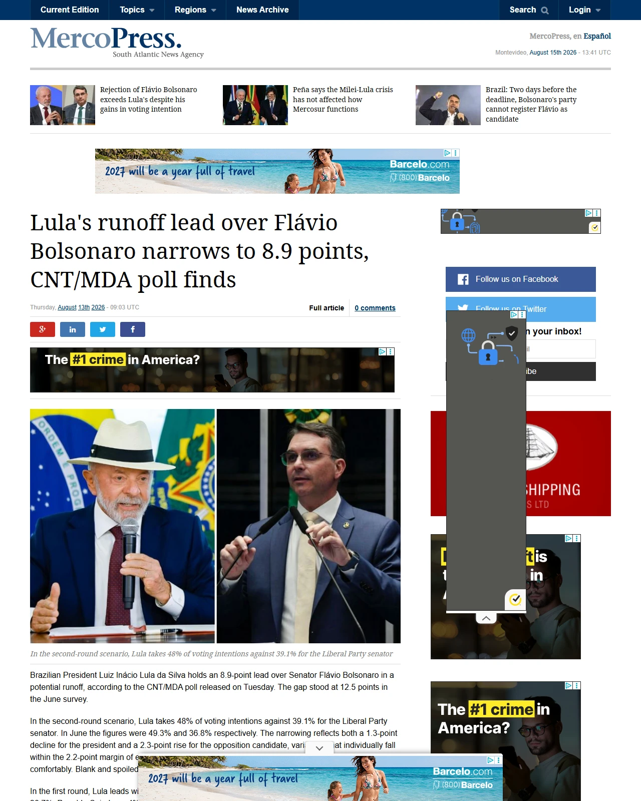 en.mercopress.com as published: Lula's runoff lead over Flávio Bolsonaro narrows to 8.9 points, CNT/MDA poll finds
