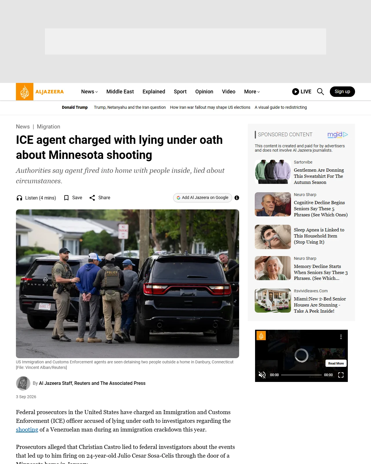 aljazeera.com as published: ICE agent charged with lying under oath about Minnesota shooting