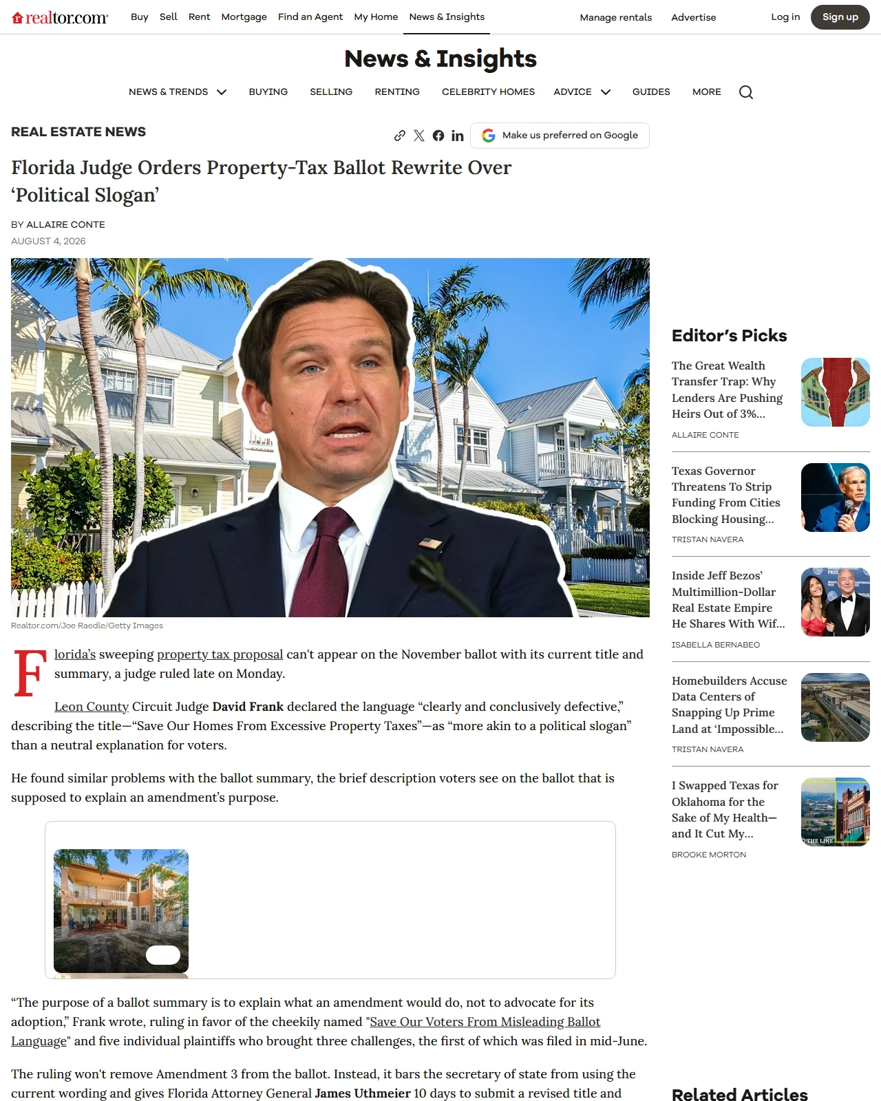 realtor.com as published: Florida Judge Orders Property-Tax Ballot Rewrite Over ‘Political Slogan’