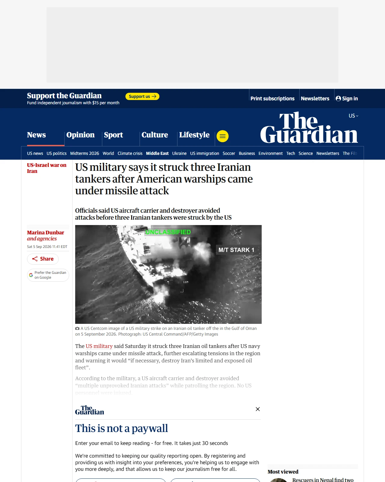 theguardian.com as published: US military says it struck three Iranian tankers after American warships came under missile attack