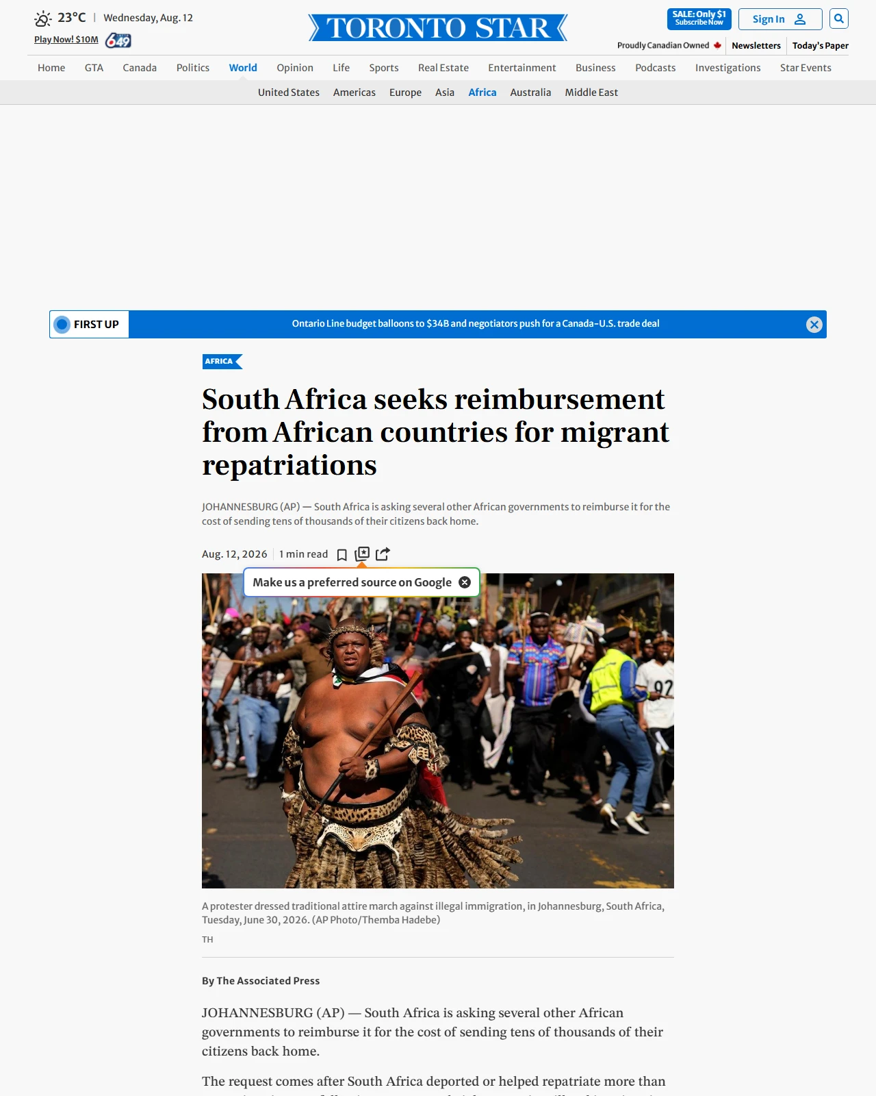 thestar.com as published: South Africa seeks reimbursement from African countries for migrant repatriations
