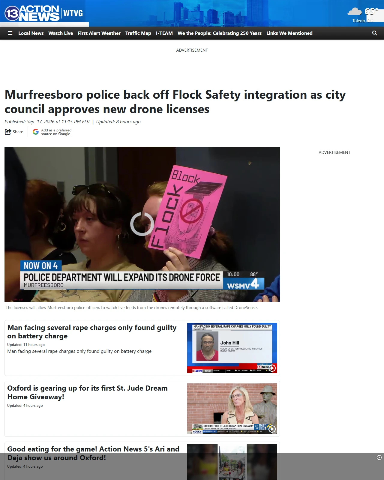 13abc.com as published: Murfreesboro police back off Flock Safety integration as city council approves new drone licenses