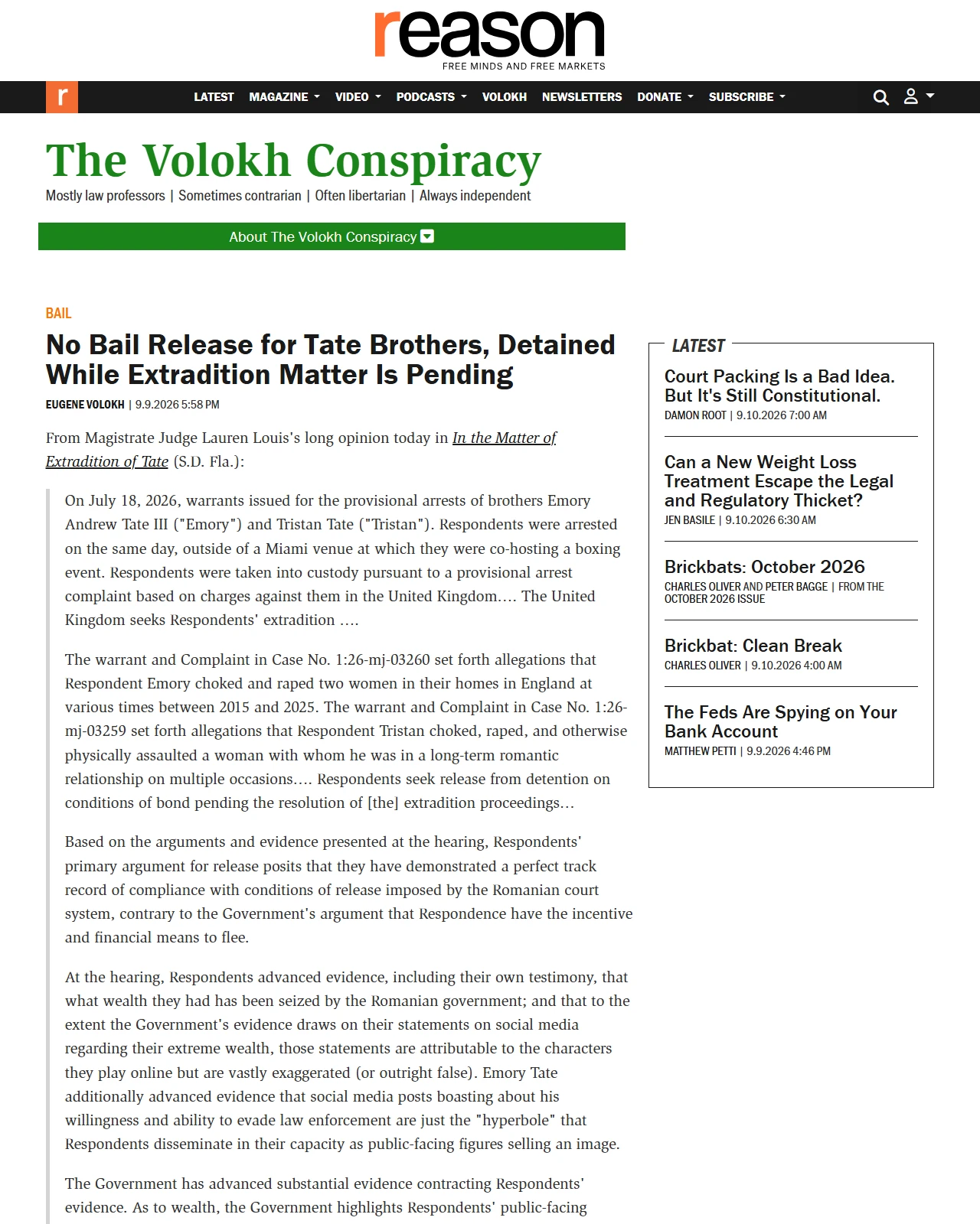 reason.com as published: No Bail Release for Tate Brothers, Detained While Extradition Matter Is Pending