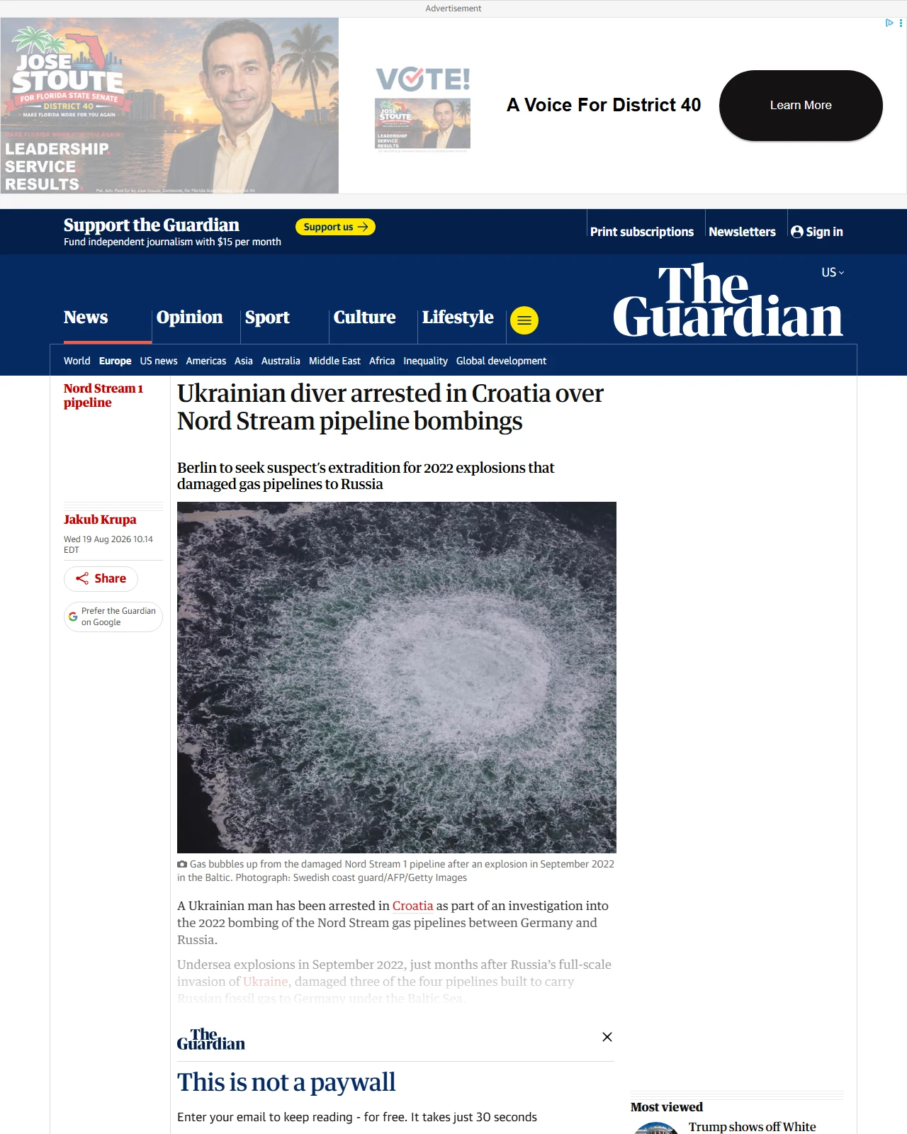theguardian.com as published: Ukrainian diver arrested in Croatia over Nord Stream pipeline bombings