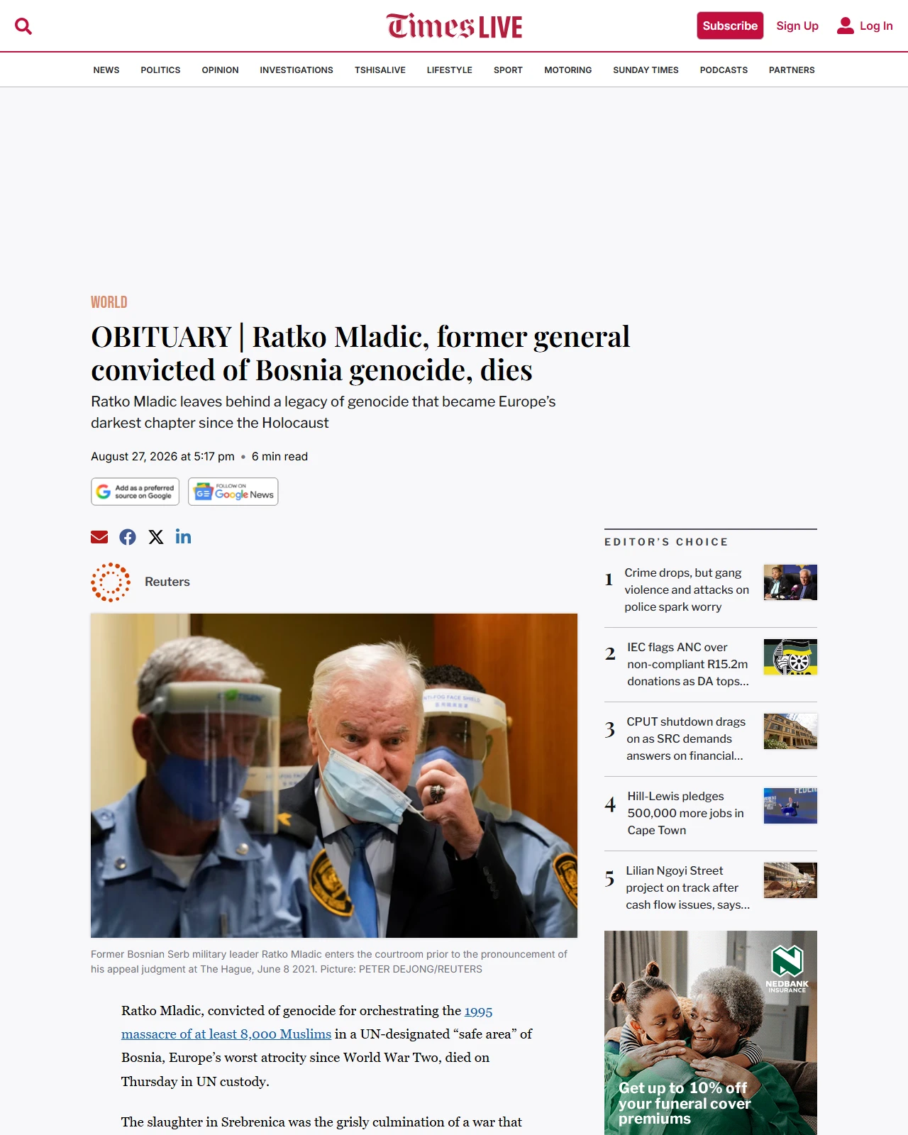 timeslive.co.za as published: OBITUARY | Ratko Mladic, former general convicted of Bosnia genocide, dies