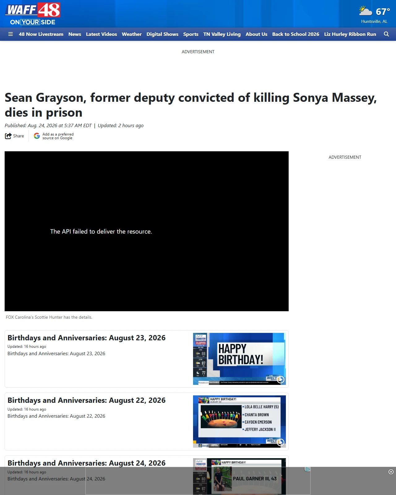 waff.com as published: Sean Grayson, former deputy convicted of killing Sonya Massey, dies in prison